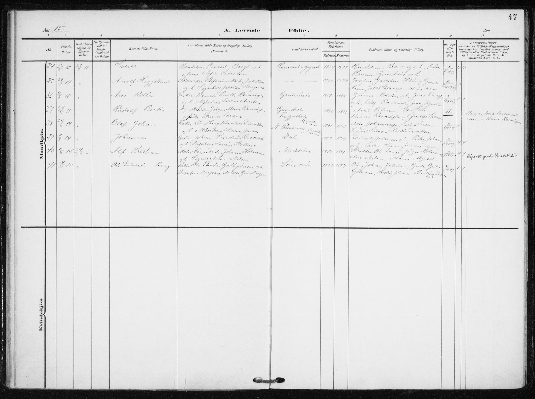 Tranøy sokneprestkontor, AV/SATØ-S-1313/I/Ia/Iaa/L0012kirke: Parish register (official) no. 12, 1905-1918, p. 47