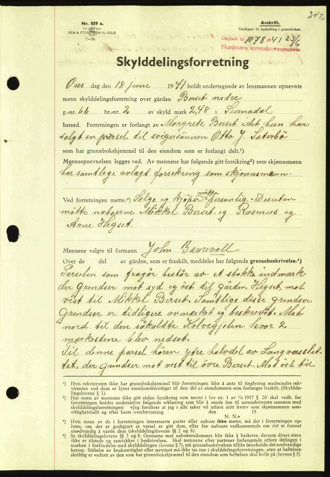 Nordmøre sorenskriveri, SAT/A-4132/1/2/2Ca: Mortgage book no. A90, 1941-1941, Diary no: : 1078/1941