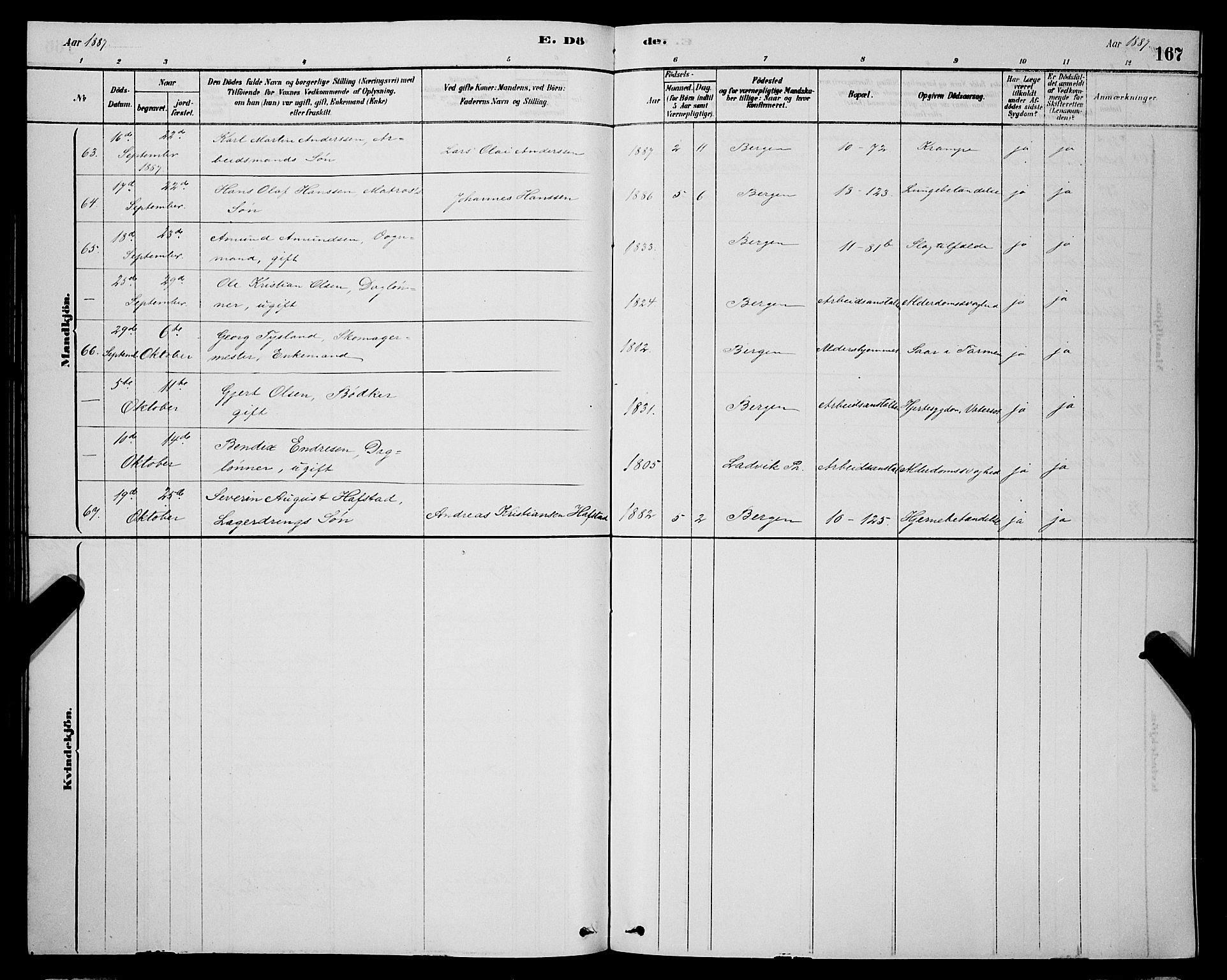 Domkirken sokneprestembete, AV/SAB-A-74801/H/Hab/L0041: Parish register (copy) no. E 5, 1878-1900, p. 167