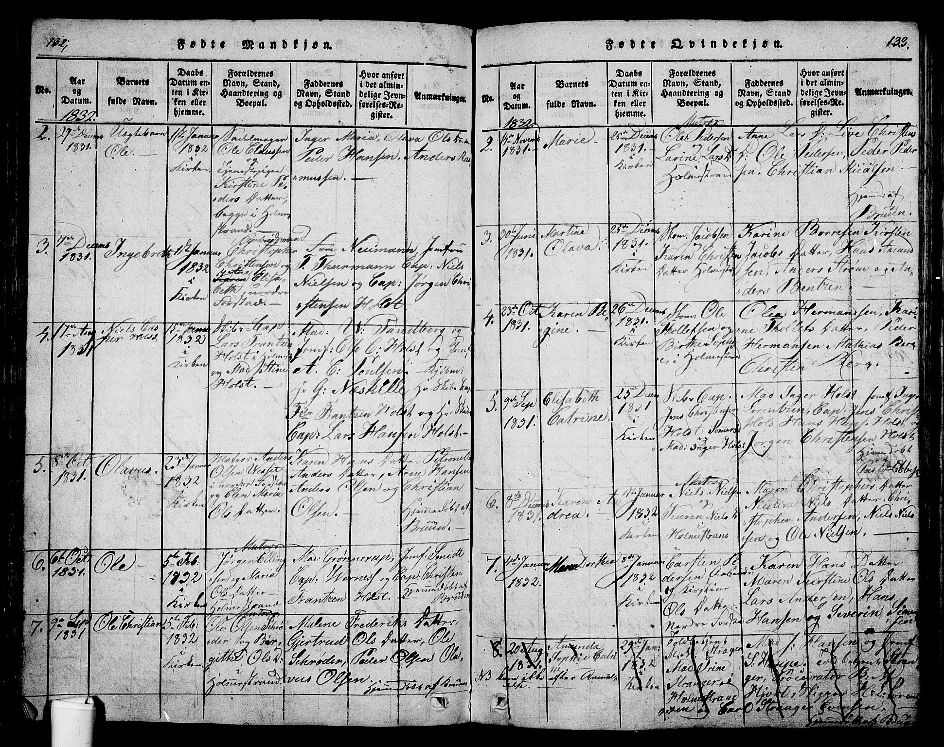 Holmestrand kirkebøker, AV/SAKO-A-346/G/Ga/L0001: Parish register (copy) no. 1, 1814-1848, p. 132-133