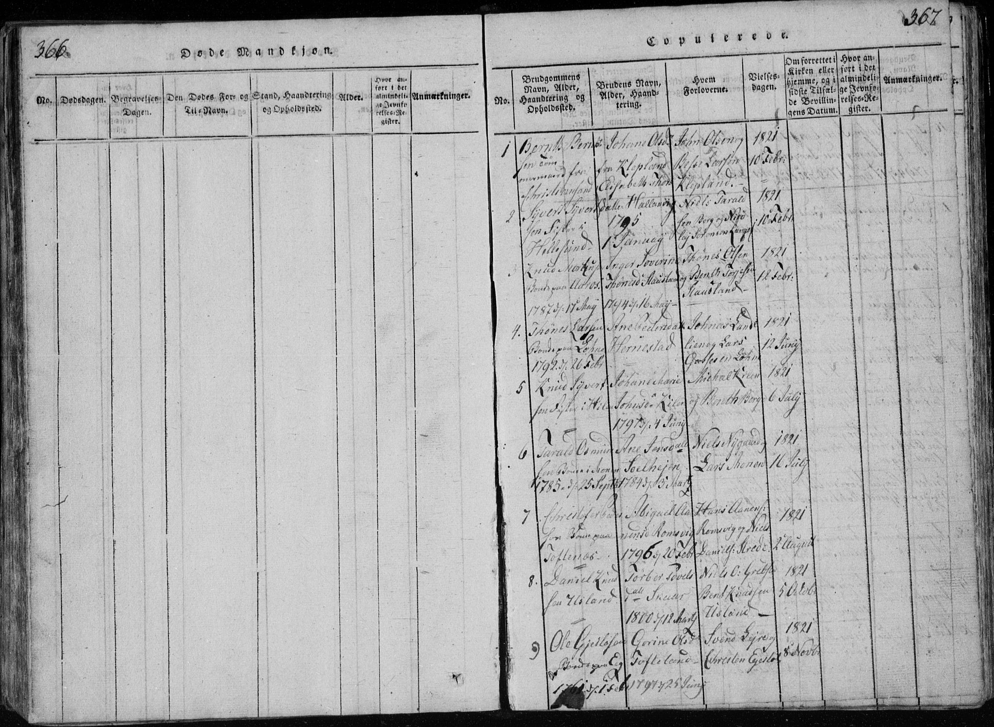 Søgne sokneprestkontor, SAK/1111-0037/F/Fb/Fbb/L0002: Parish register (copy) no. B 2, 1821-1838, p. 366-367