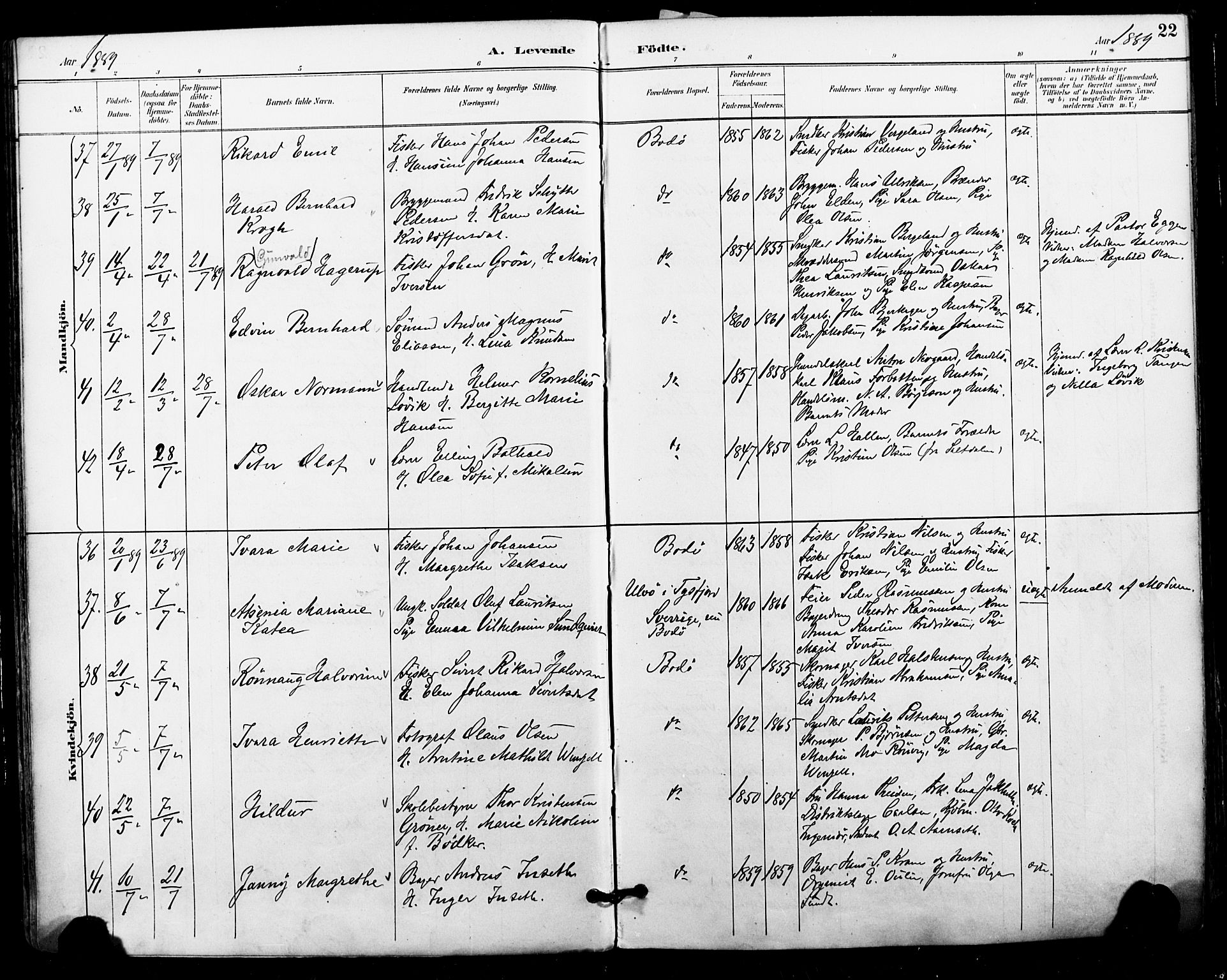 Ministerialprotokoller, klokkerbøker og fødselsregistre - Nordland, AV/SAT-A-1459/801/L0010: Parish register (official) no. 801A10, 1888-1899, p. 22