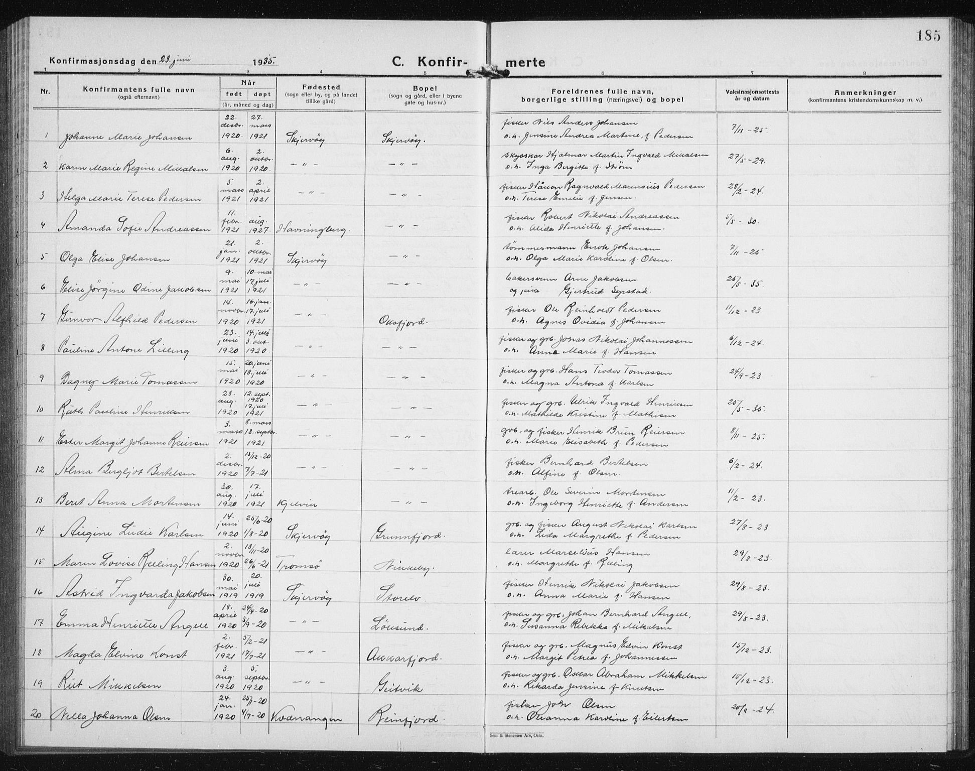 Skjervøy sokneprestkontor, AV/SATØ-S-1300/H/Ha/Hab/L0010klokker: Parish register (copy) no. 10, 1927-1941, p. 185