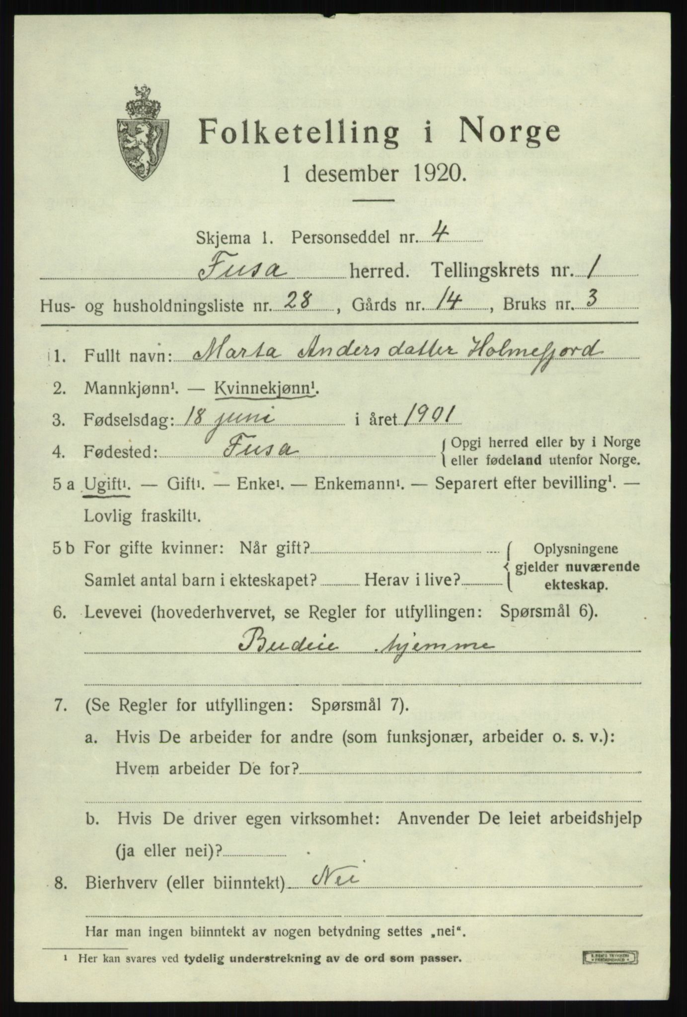 SAB, 1920 census for Fusa, 1920, p. 799