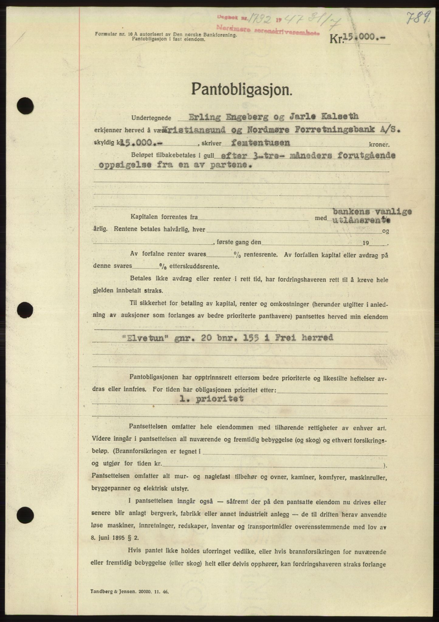 Nordmøre sorenskriveri, AV/SAT-A-4132/1/2/2Ca: Mortgage book no. B96, 1947-1947, Diary no: : 1732/1947