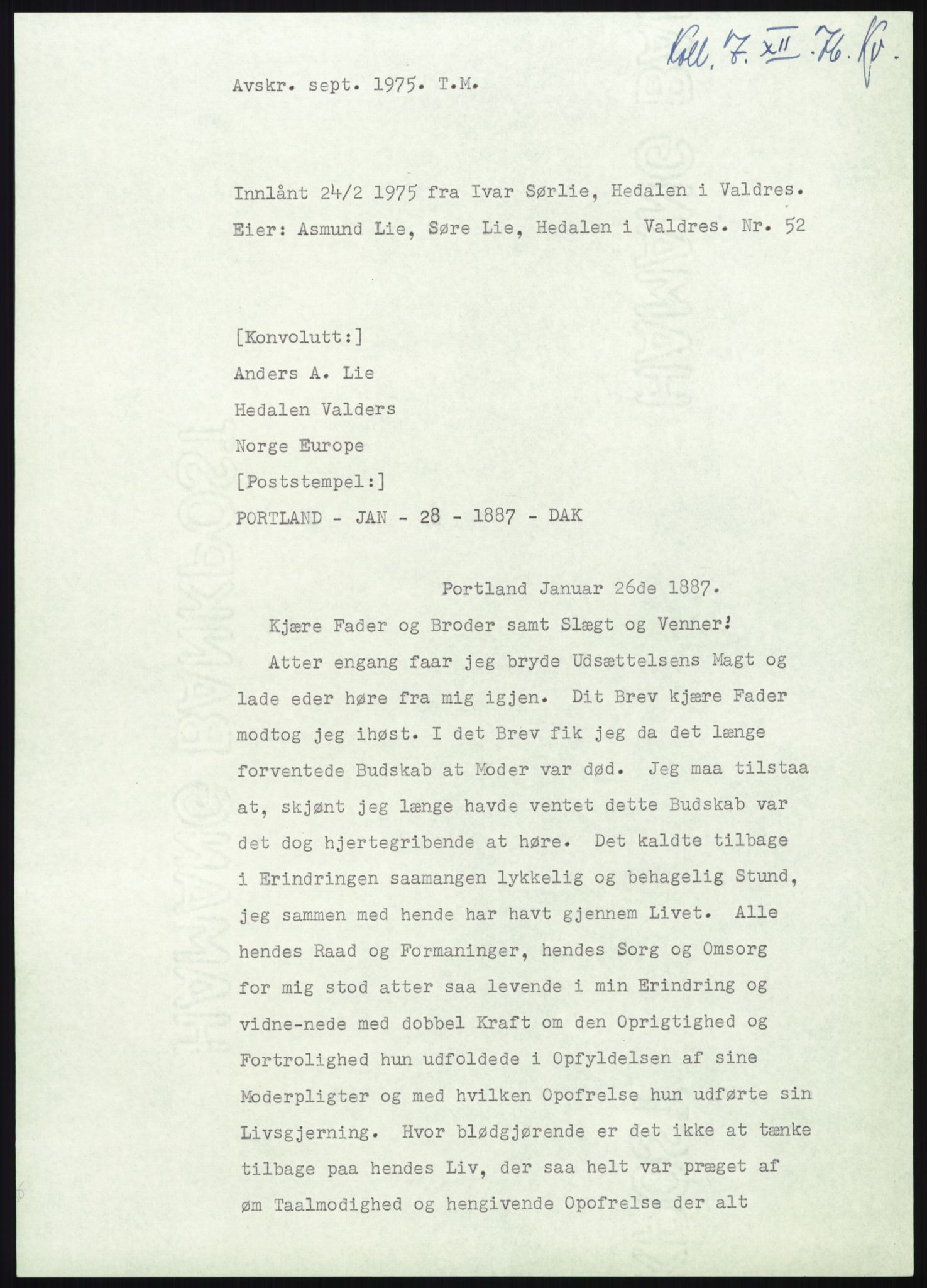 Samlinger til kildeutgivelse, Amerikabrevene, AV/RA-EA-4057/F/L0012: Innlån fra Oppland: Lie (brevnr 1-78), 1838-1914, p. 737