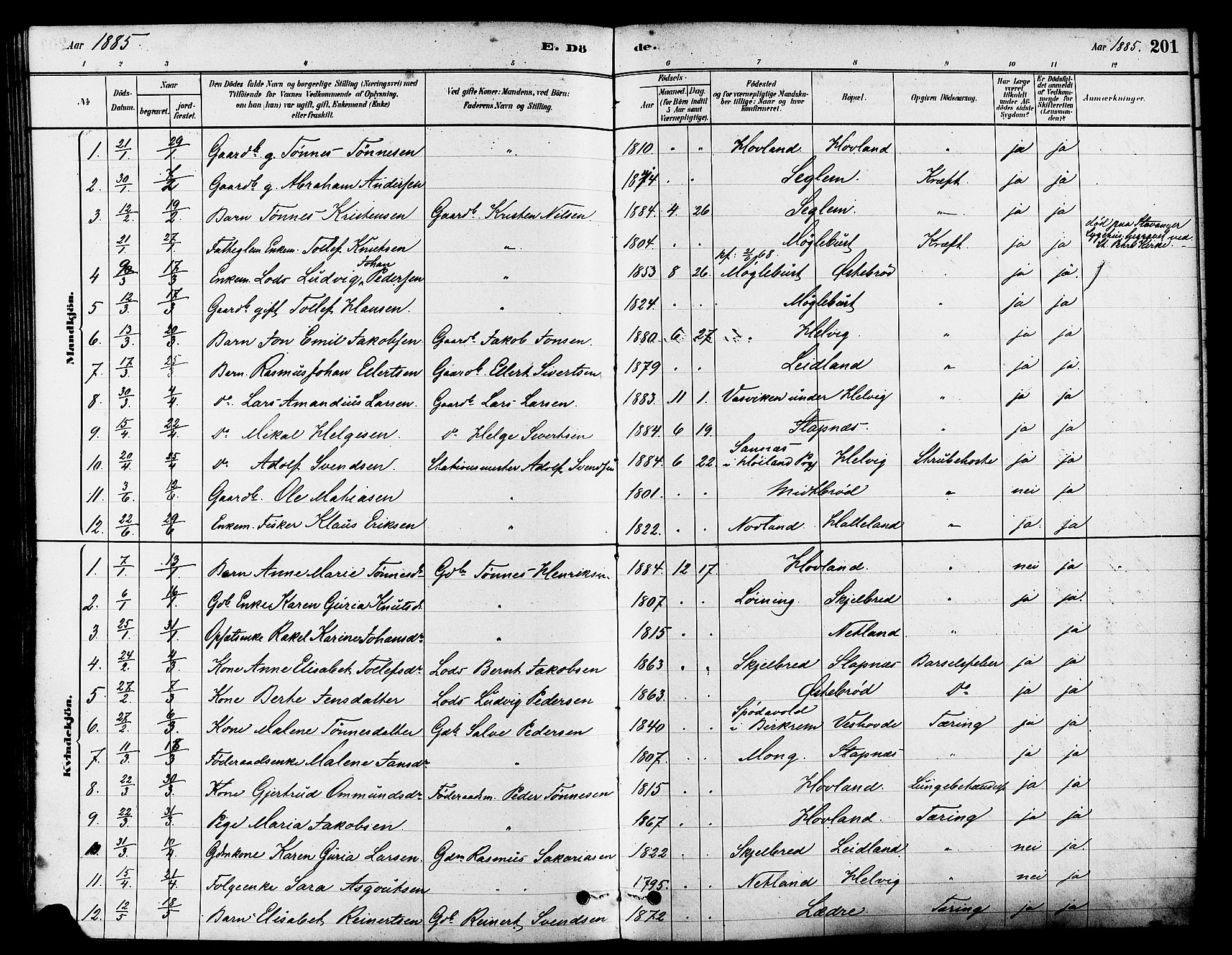 Eigersund sokneprestkontor, SAST/A-101807/S08/L0017: Parish register (official) no. A 14, 1879-1892, p. 201