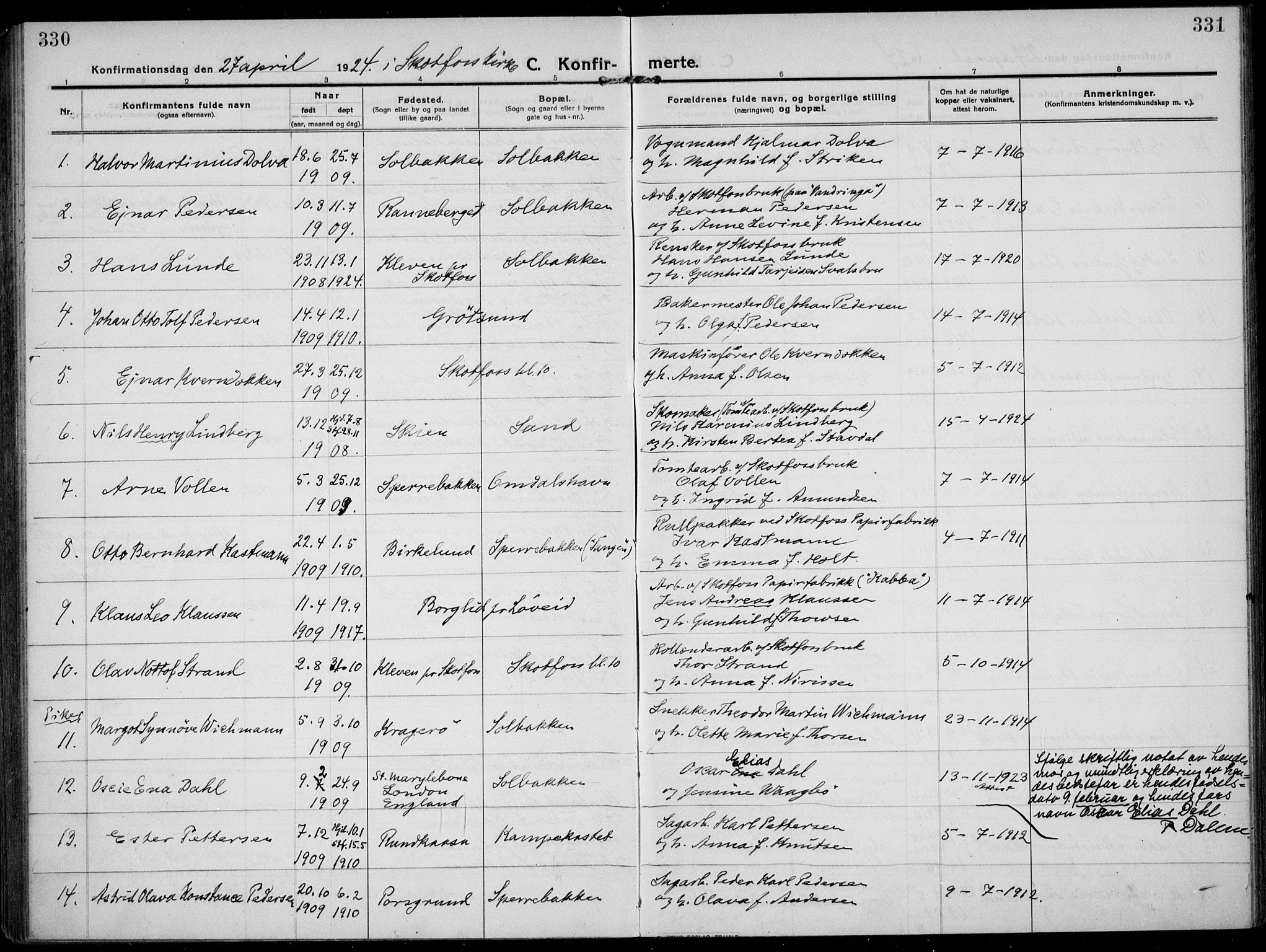 Solum kirkebøker, AV/SAKO-A-306/F/Fb/L0004: Parish register (official) no. II 4, 1913-1924, p. 330-331