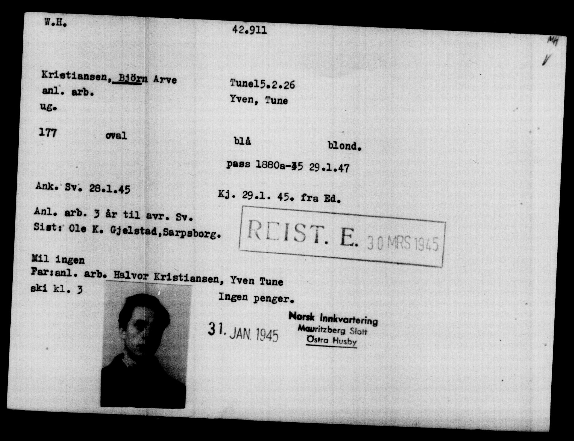 Utenriksstasjonene, Legasjonen i Stockholm, Flyktningkontoret, AV/RA-S-6753/V/Va/L0016: Kjesäterkartoteket, flyktninger med registreringsnr. 40700-43479, 1940-1945, p. 2287