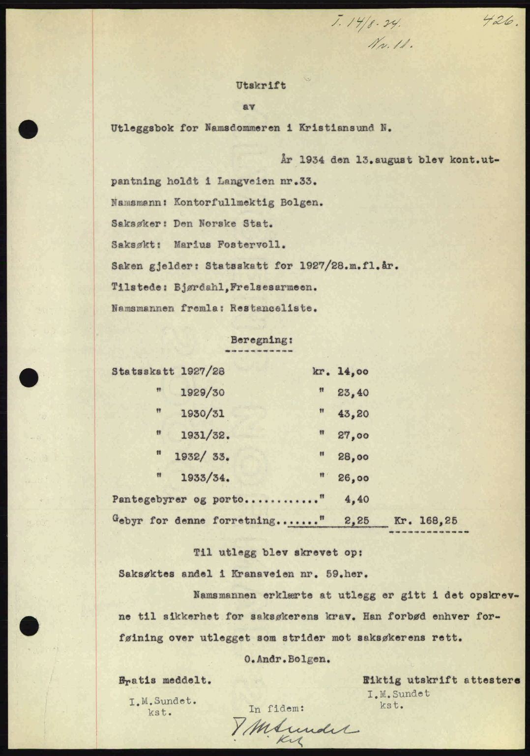 Kristiansund byfogd, AV/SAT-A-4587/A/27: Mortgage book no. 27, 1933-1934, Deed date: 14.08.1934