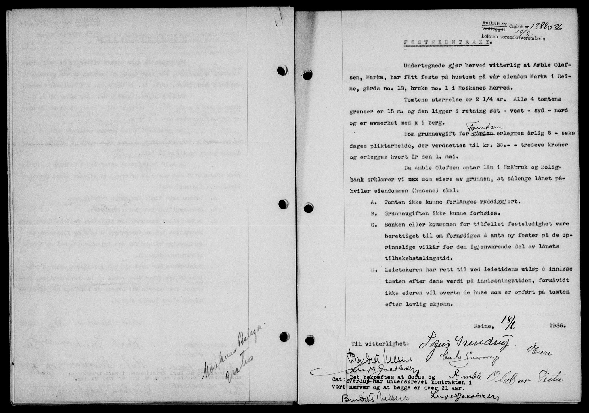Lofoten sorenskriveri, SAT/A-0017/1/2/2C/L0001a: Mortgage book no. 1a, 1936-1937, Diary no: : 1388/1936