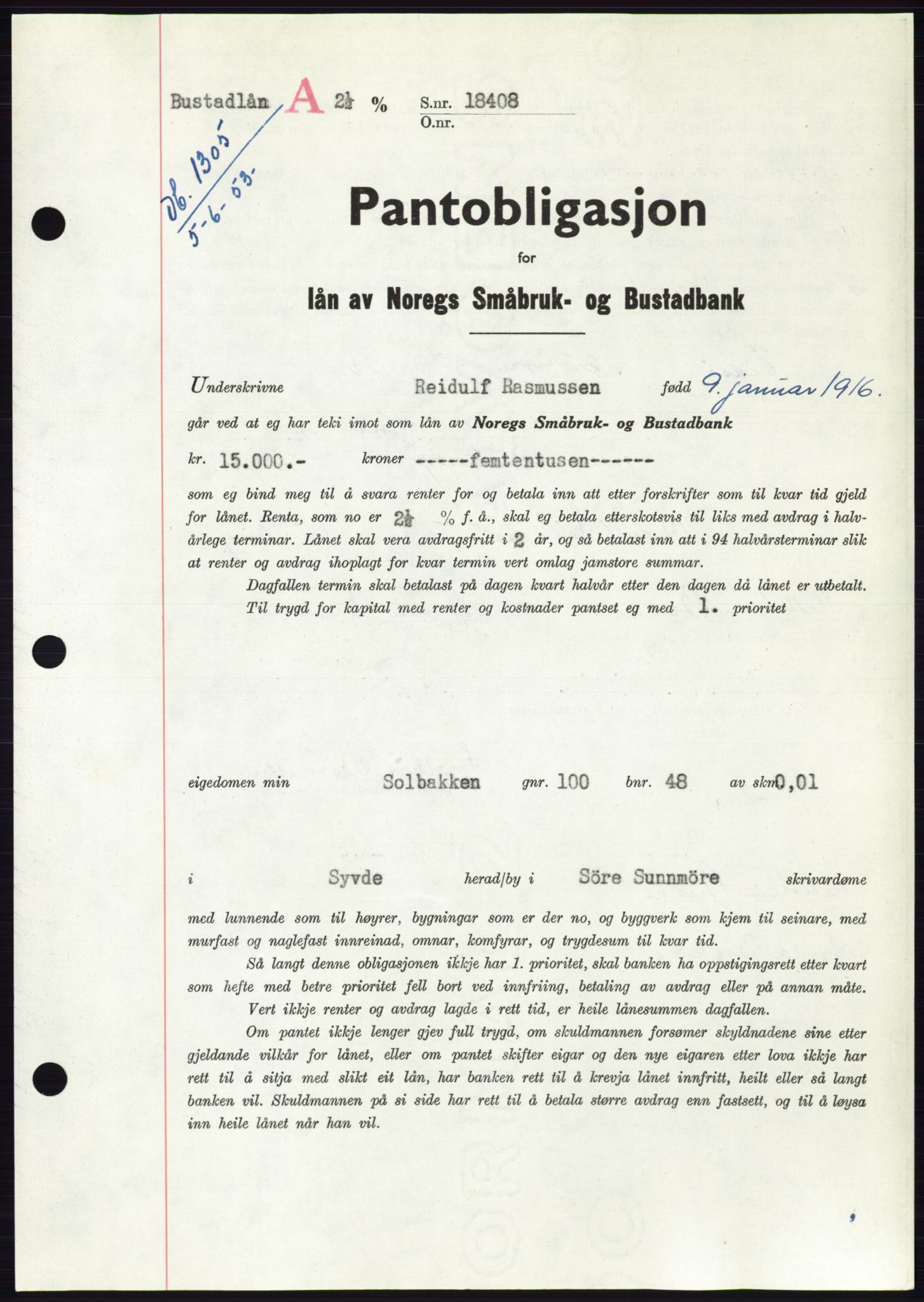 Søre Sunnmøre sorenskriveri, AV/SAT-A-4122/1/2/2C/L0123: Mortgage book no. 11B, 1953-1953, Diary no: : 1305/1953