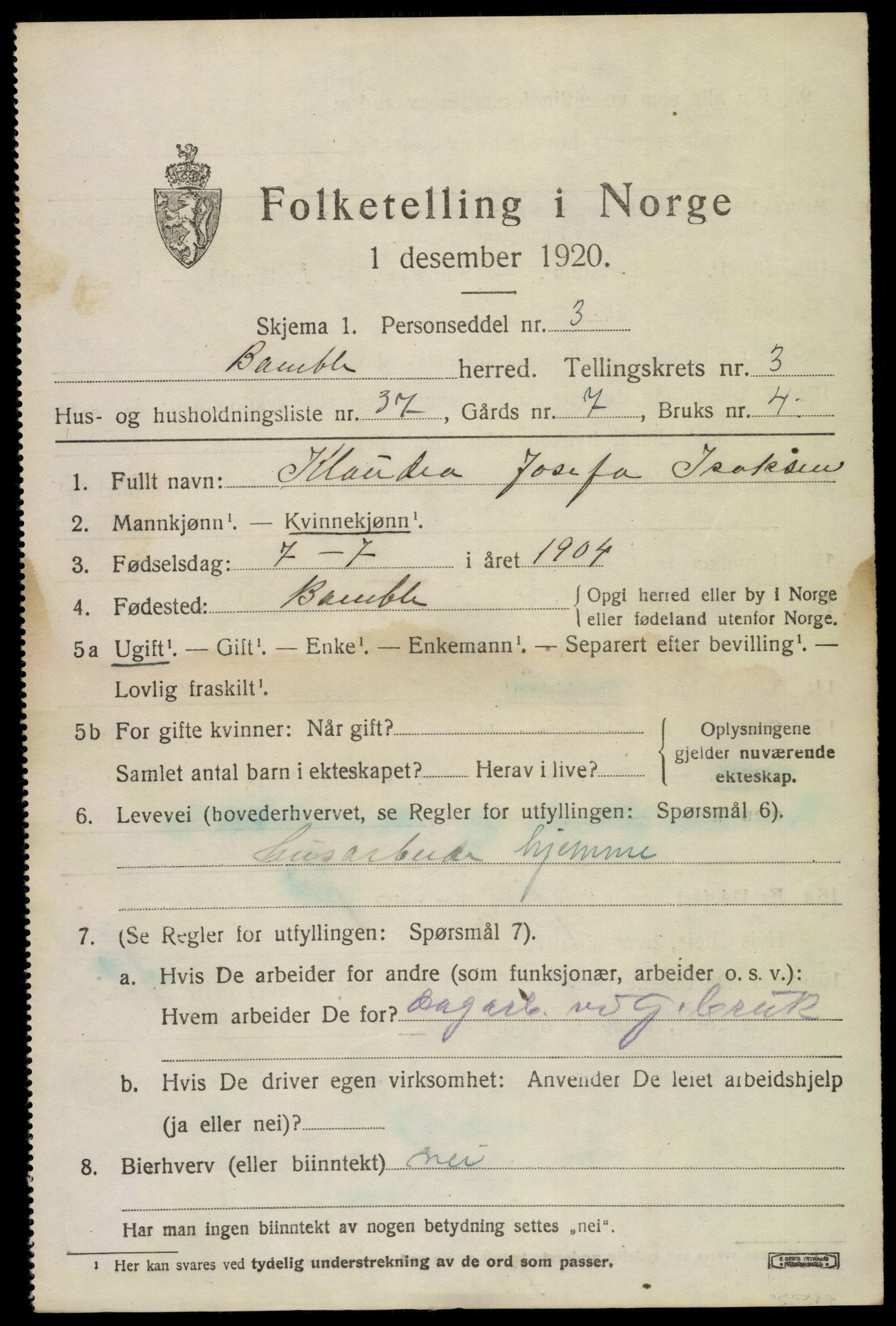 SAKO, 1920 census for Bamble, 1920, p. 4203