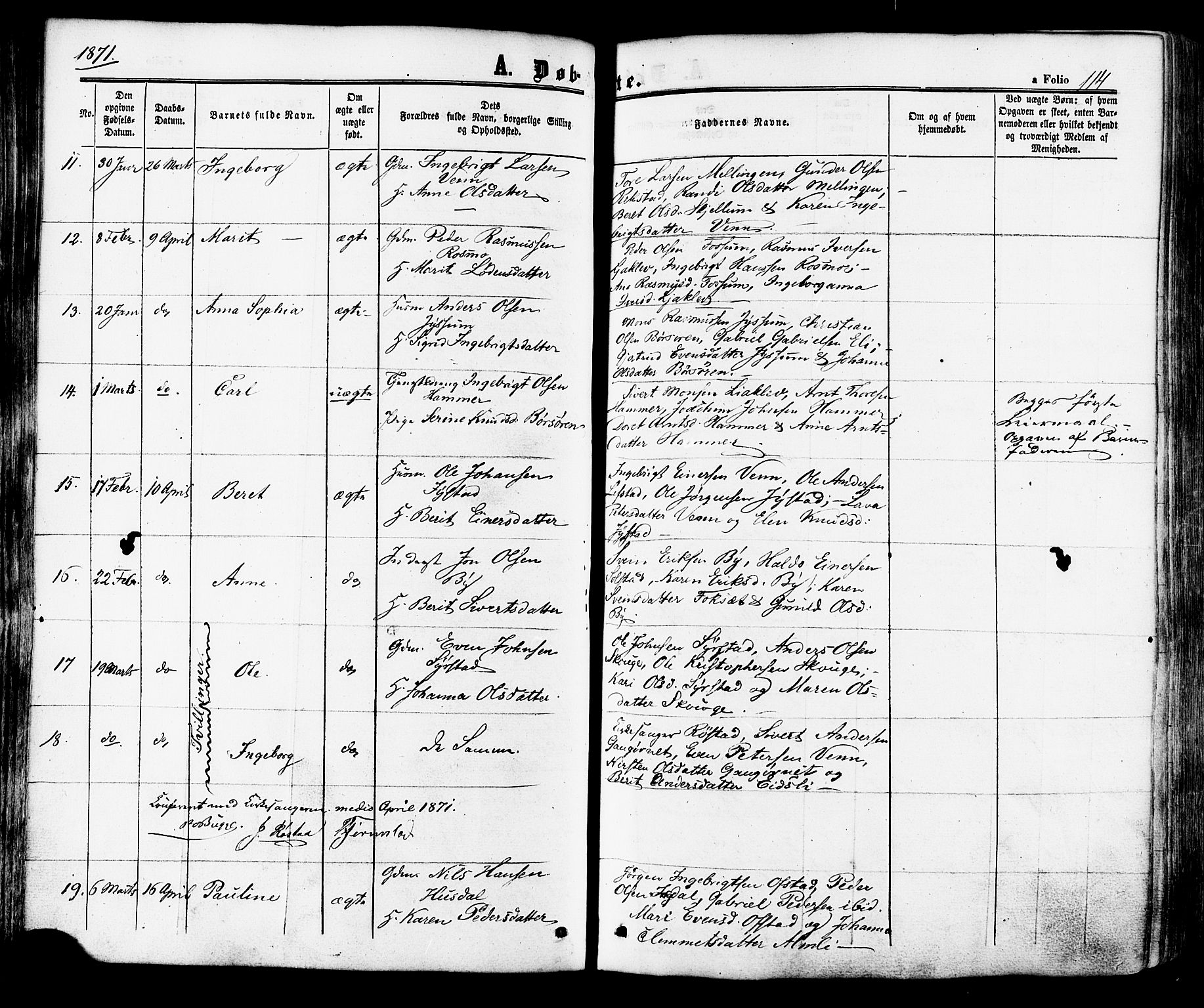 Ministerialprotokoller, klokkerbøker og fødselsregistre - Sør-Trøndelag, SAT/A-1456/665/L0772: Parish register (official) no. 665A07, 1856-1878, p. 114