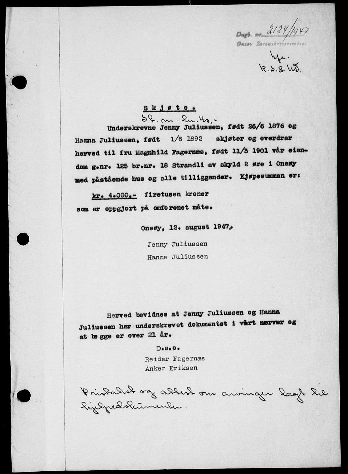 Onsøy sorenskriveri, SAO/A-10474/G/Ga/Gab/L0021: Mortgage book no. II A-21, 1947-1947, Diary no: : 2107/1947