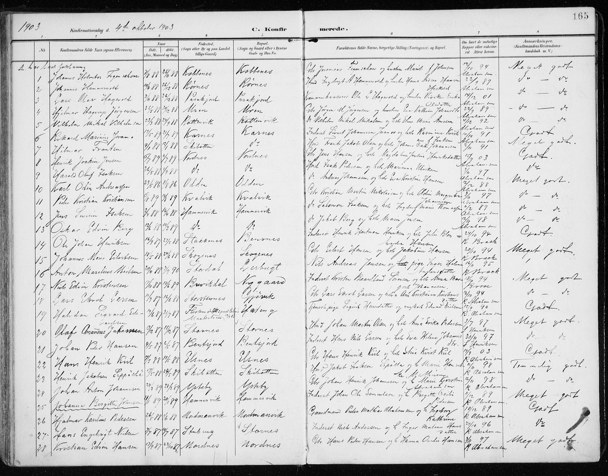Lyngen sokneprestembete, AV/SATØ-S-1289/H/He/Hea/L0011kirke: Parish register (official) no. 11, 1903-1913, p. 165
