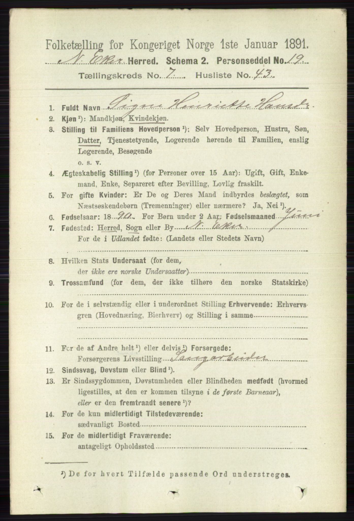 RA, 1891 census for 0625 Nedre Eiker, 1891, p. 3683