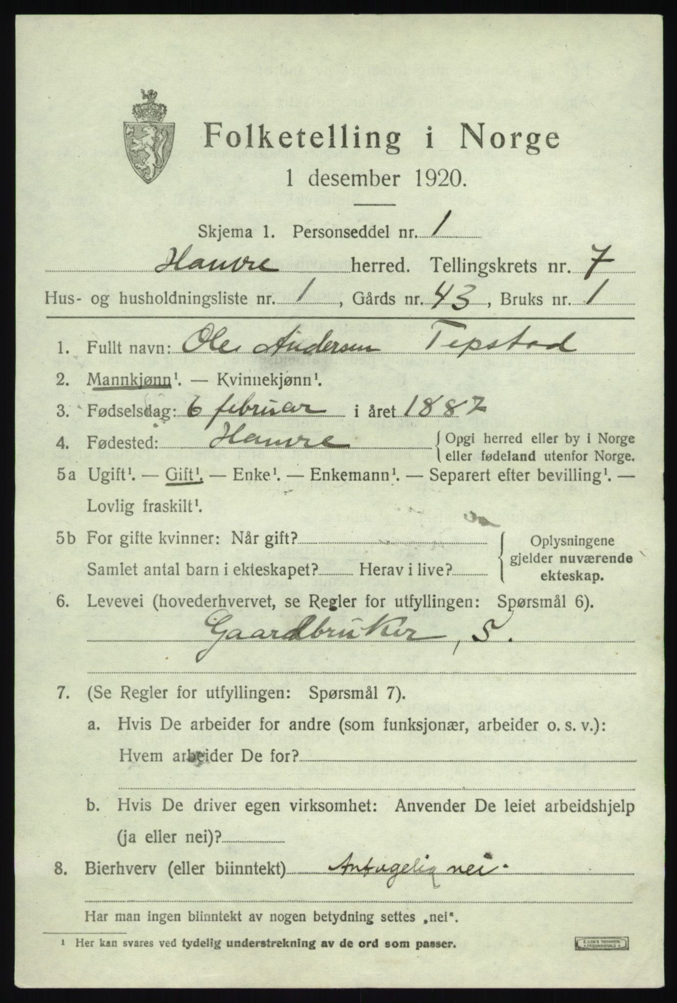 SAB, 1920 census for Hamre, 1920, p. 4239