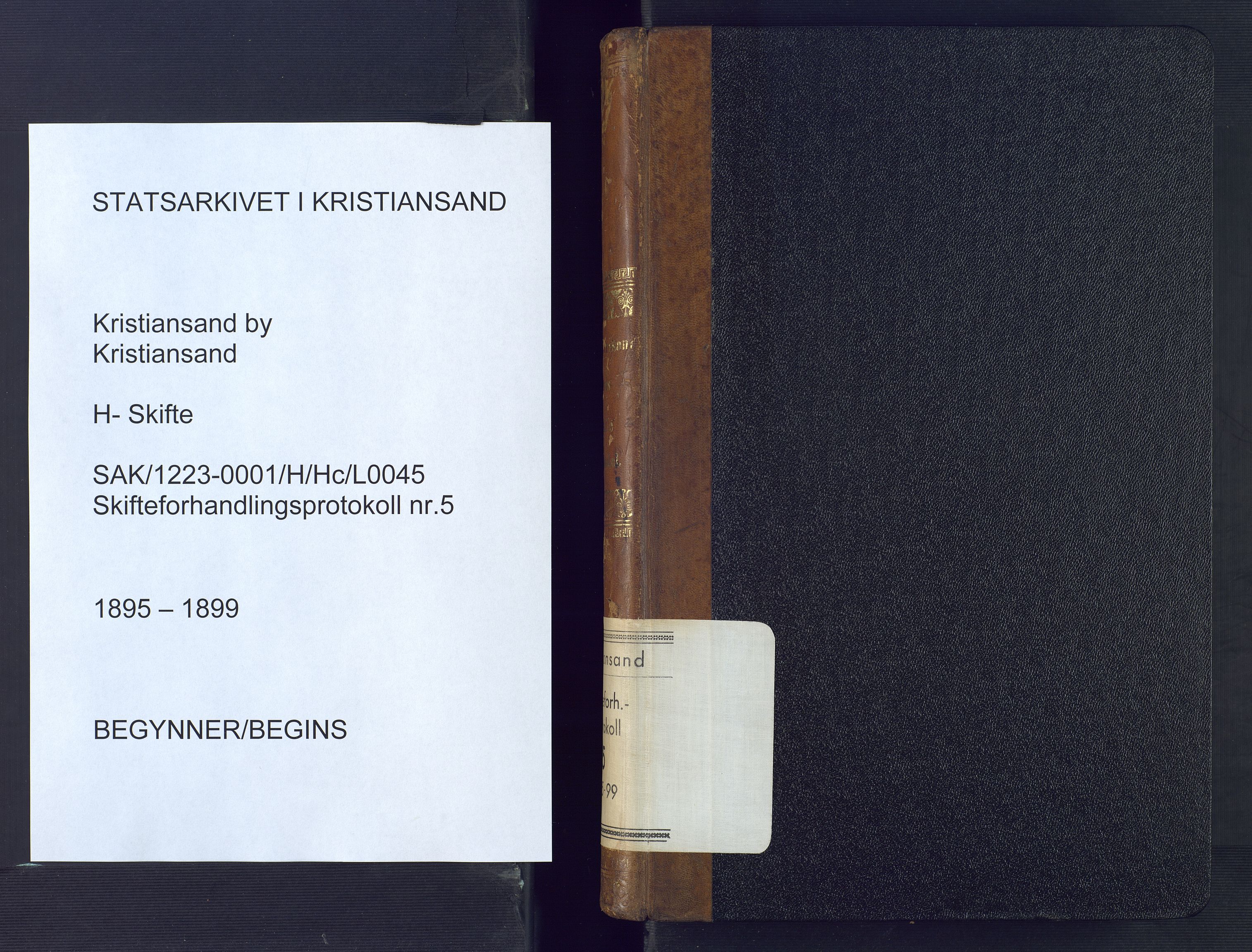 Kristiansand byrett, AV/SAK-1223-0001/H/Hc/L0045: Skifteforhandlingsprotokoll nr. 5, med register, 1895-1899