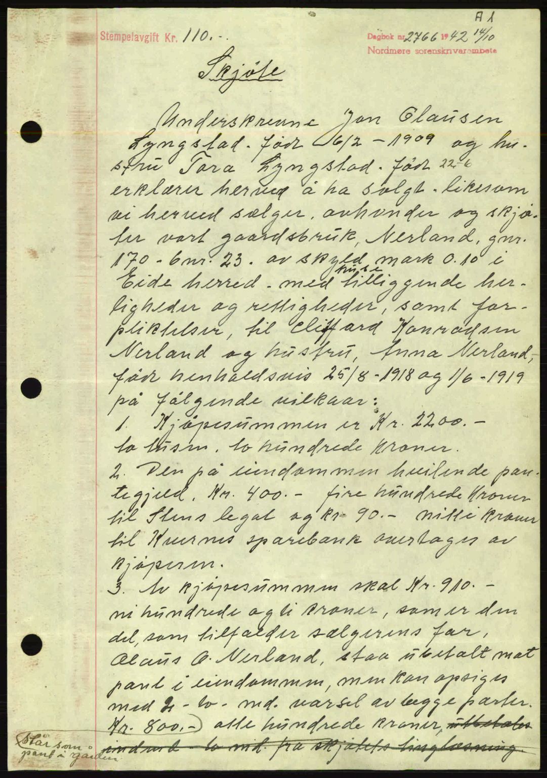 Nordmøre sorenskriveri, AV/SAT-A-4132/1/2/2Ca: Mortgage book no. A94, 1942-1943, Diary no: : 2766/1942