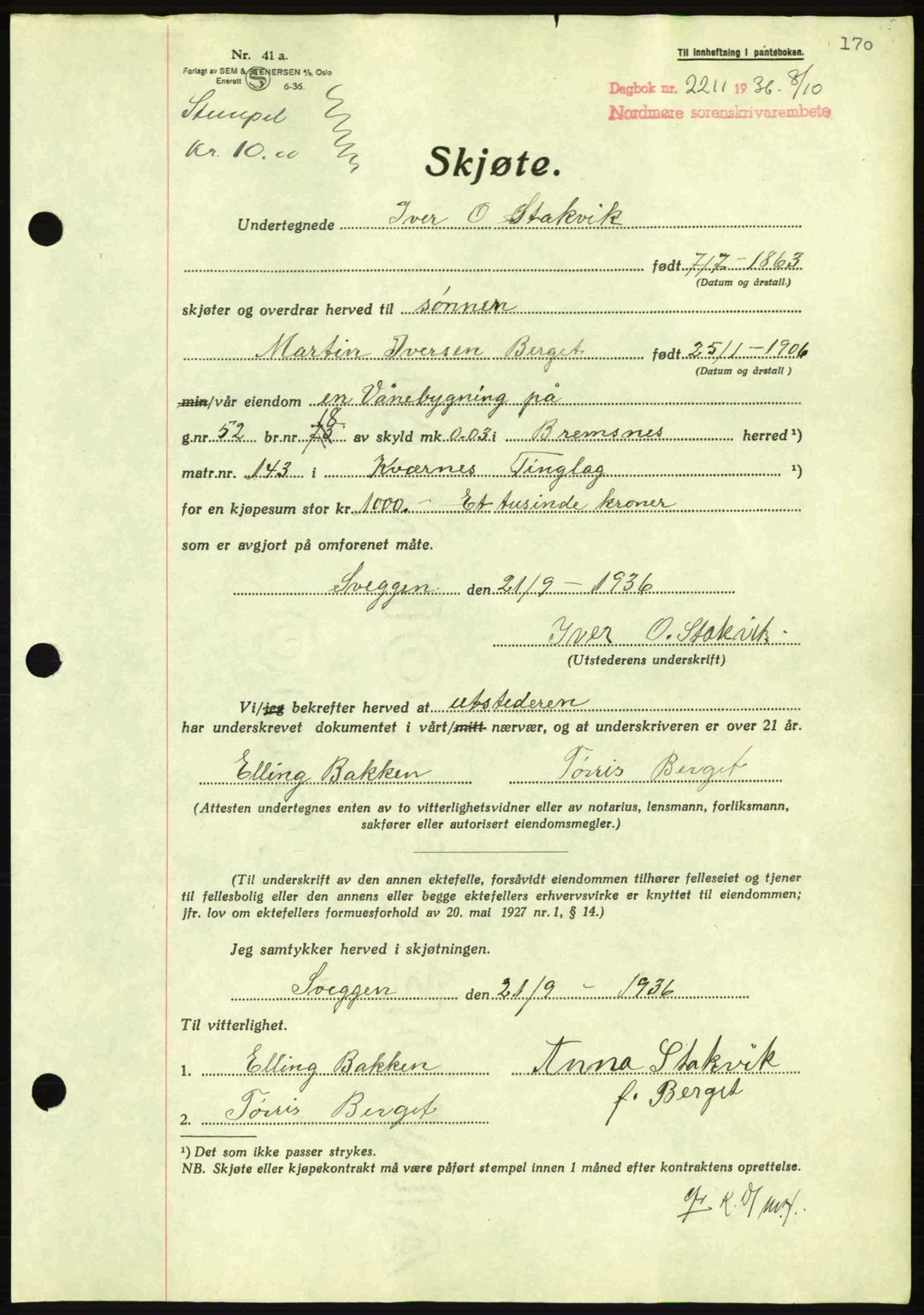 Nordmøre sorenskriveri, AV/SAT-A-4132/1/2/2Ca: Mortgage book no. A80, 1936-1937, Diary no: : 2211/1936