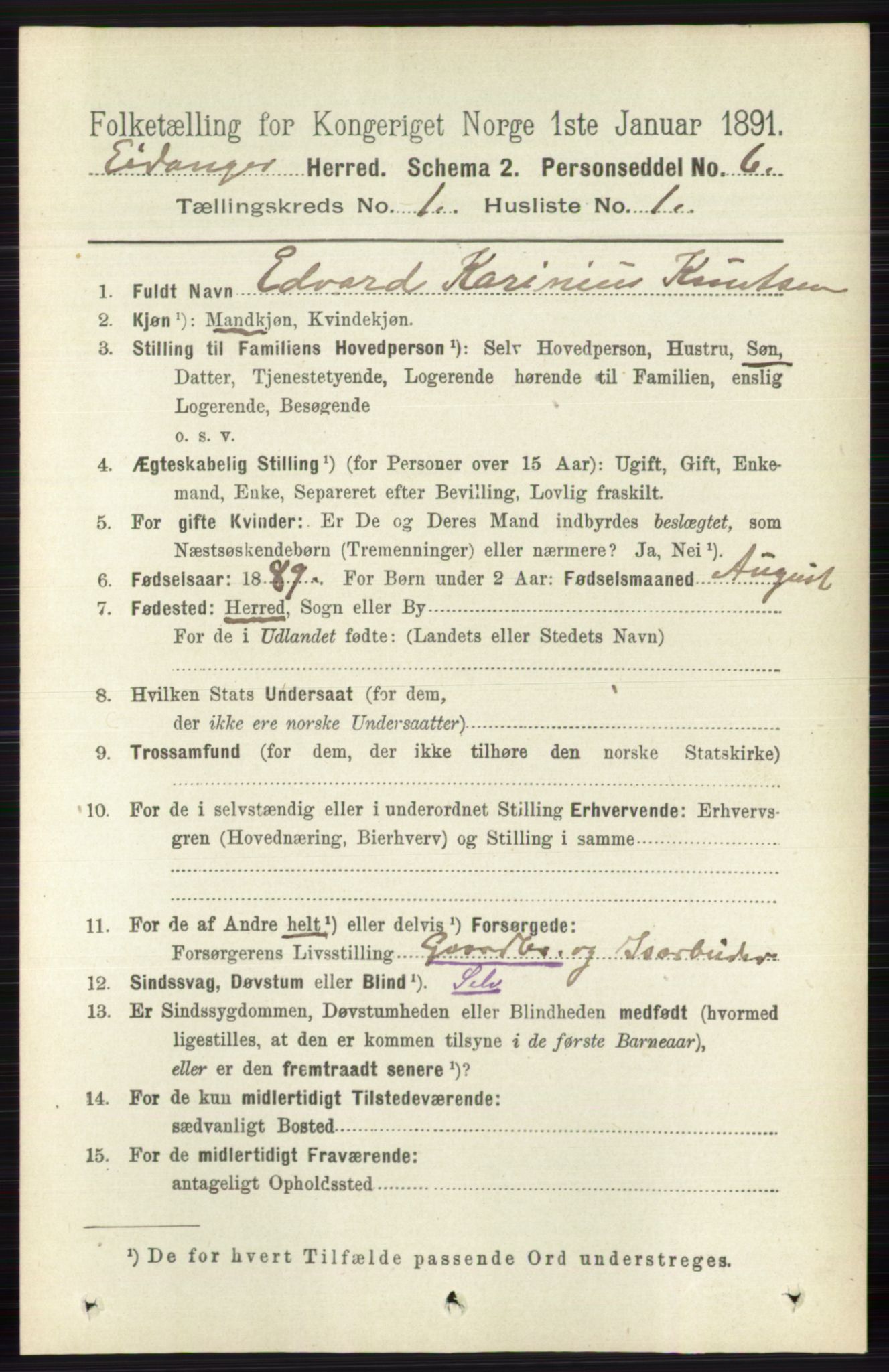 RA, 1891 census for 0813 Eidanger, 1891, p. 154