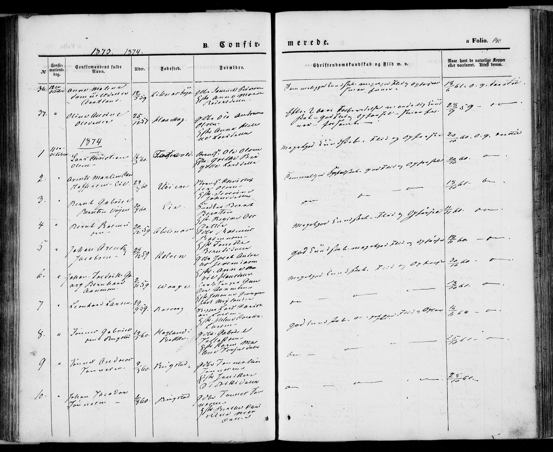 Flekkefjord sokneprestkontor, AV/SAK-1111-0012/F/Fa/Fab/L0004: Parish register (official) no. A 4, 1850-1875, p. 140