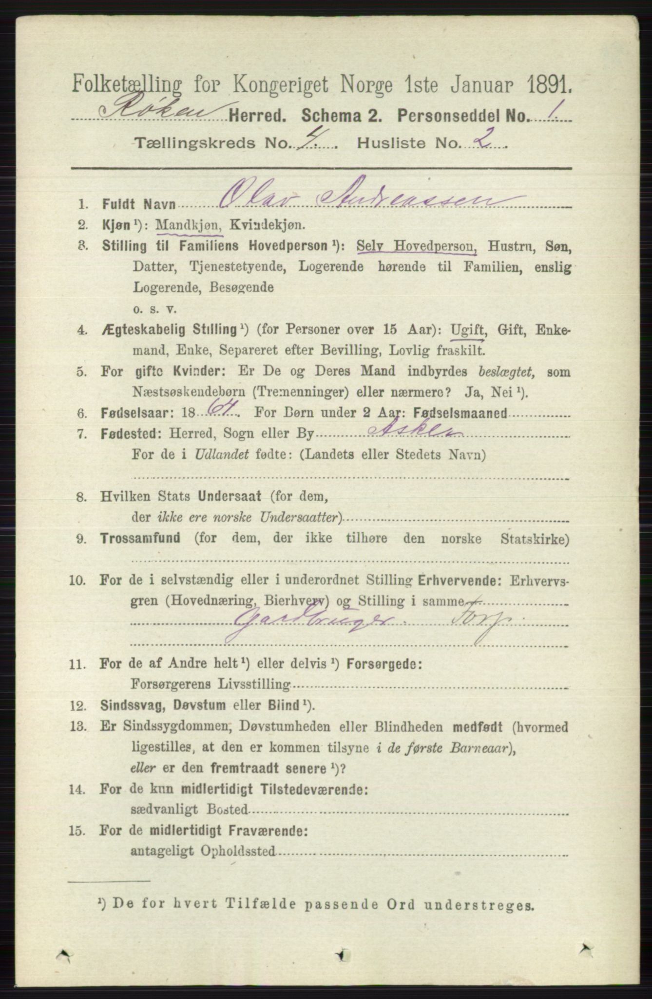 RA, 1891 census for 0627 Røyken, 1891, p. 1865