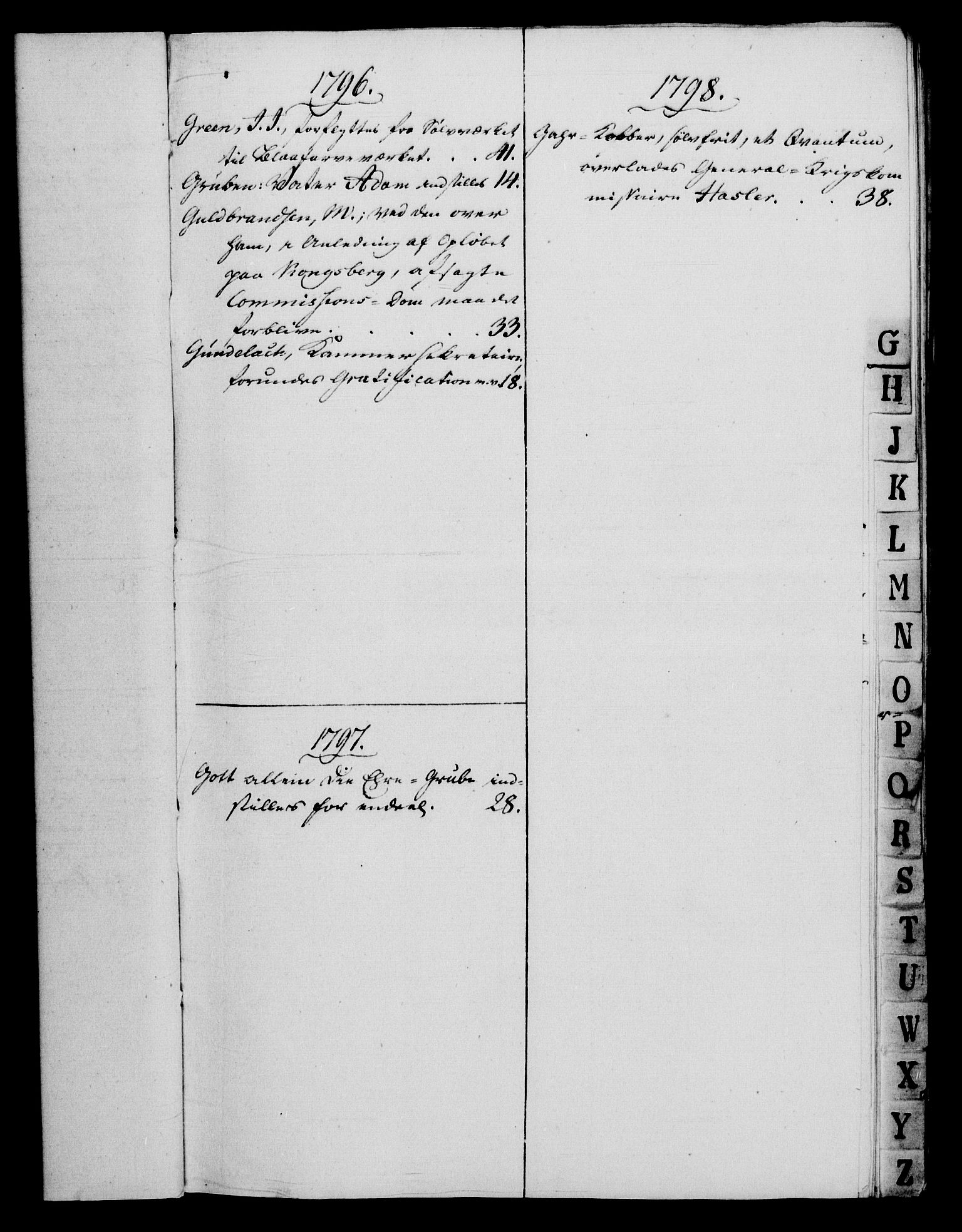 Rentekammeret, Renteskriverkontorene, AV/RA-EA-3115/M/Mf/Mfb/L0003: Relasjons- og resolusjonsprotokoll med register (merket RK 54.9), 1796-1798