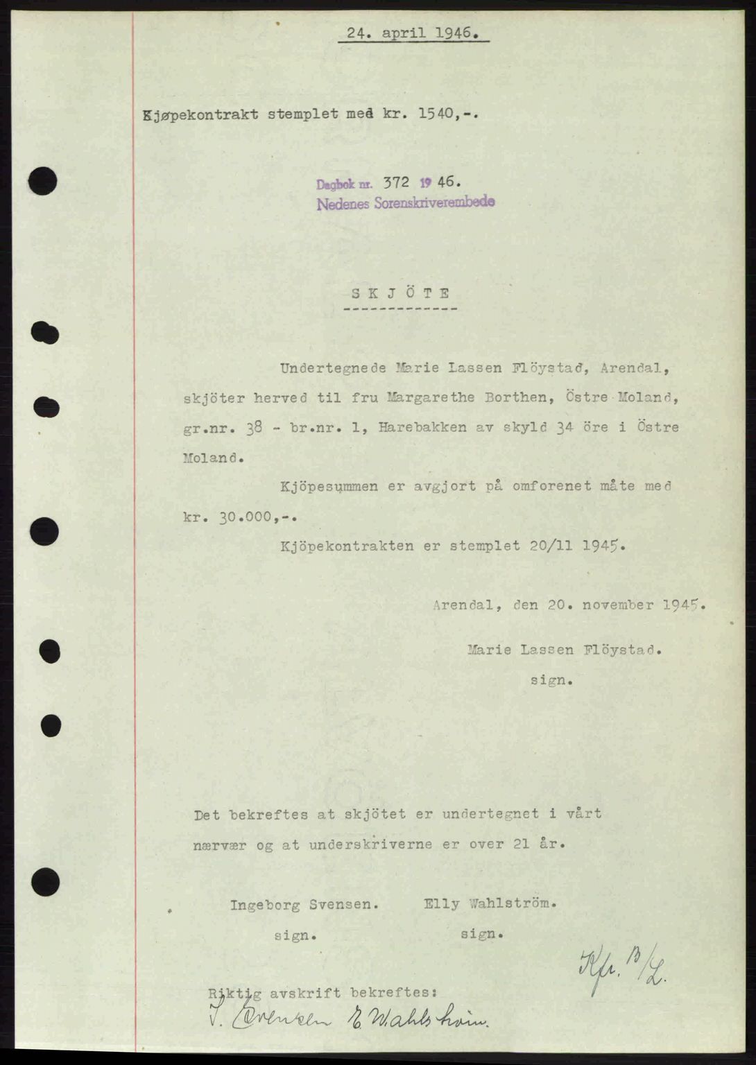 Nedenes sorenskriveri, SAK/1221-0006/G/Gb/Gba/L0054: Mortgage book no. A6c, 1946-1946, Diary no: : 372/1946
