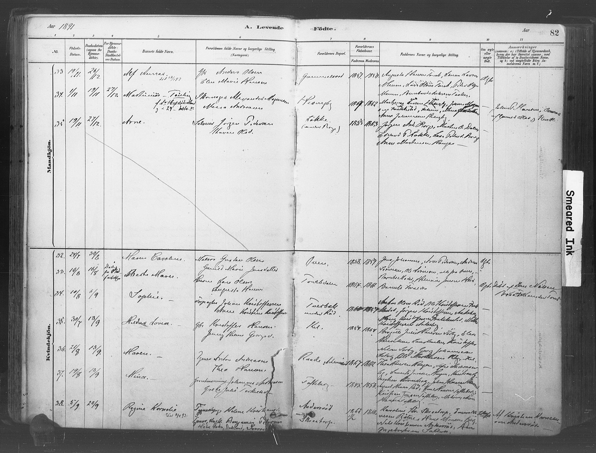 Råde prestekontor kirkebøker, AV/SAO-A-2009/F/Fa/L0007: Parish register (official) no. 7, 1878-1902, p. 82