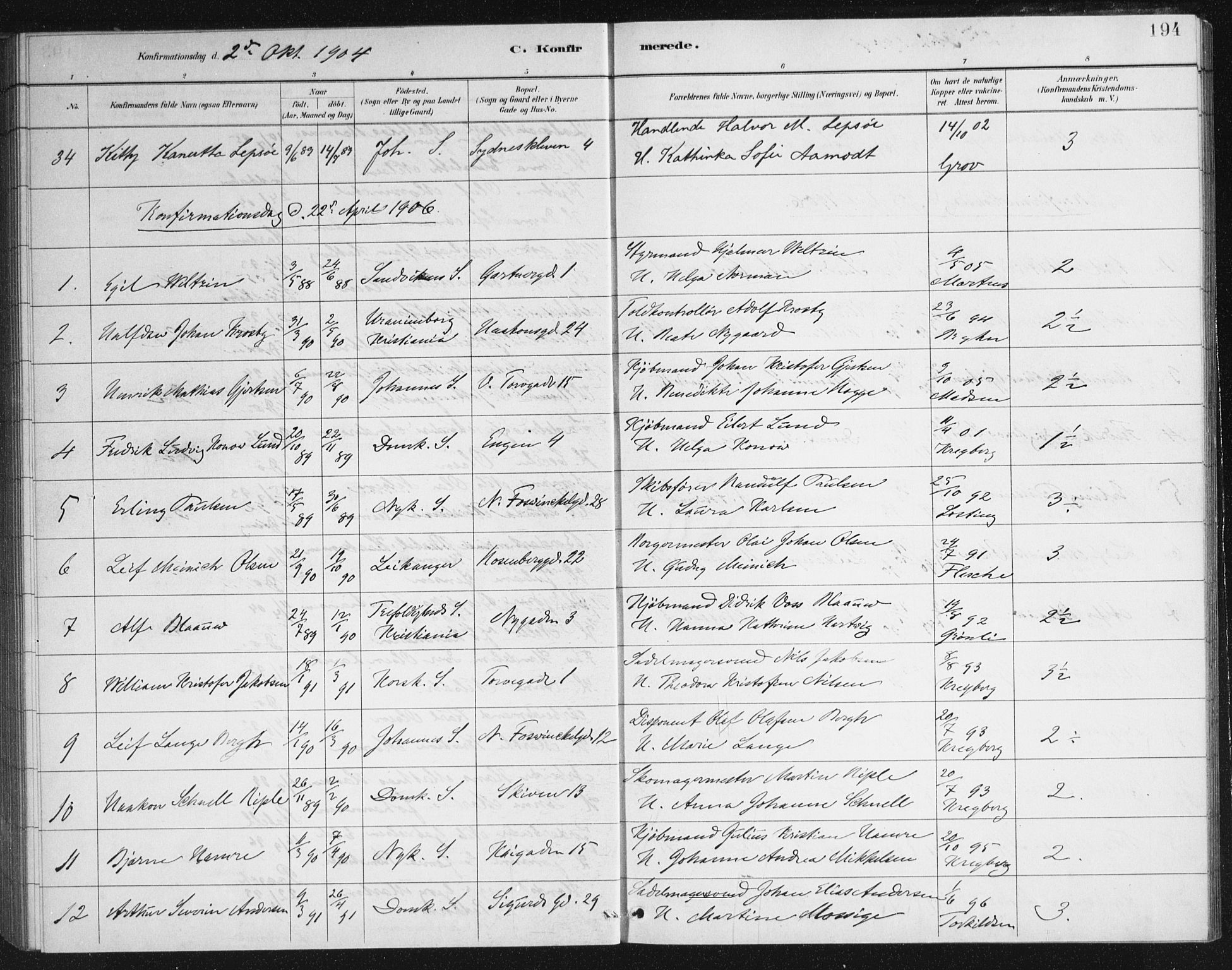 Domkirken sokneprestembete, SAB/A-74801/H/Haa/L0066: Curate's parish register no. A 4, 1880-1912, p. 194
