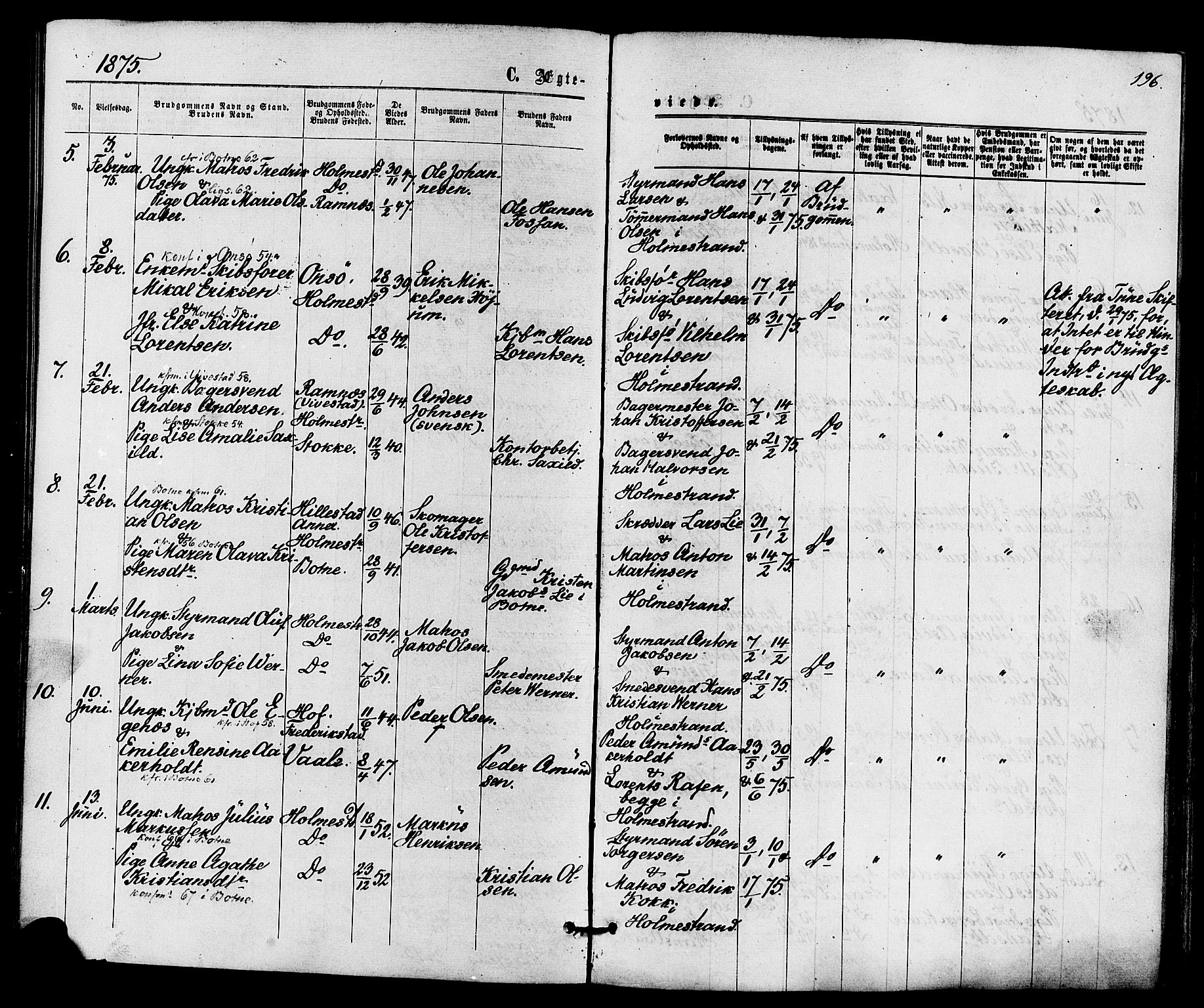 Holmestrand kirkebøker, AV/SAKO-A-346/F/Fa/L0003: Parish register (official) no. 3, 1867-1879, p. 196