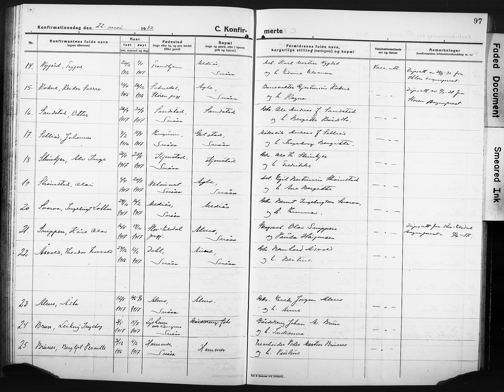 Ministerialprotokoller, klokkerbøker og fødselsregistre - Nord-Trøndelag, SAT/A-1458/749/L0480: Parish register (copy) no. 749C02, 1924-1932, p. 97