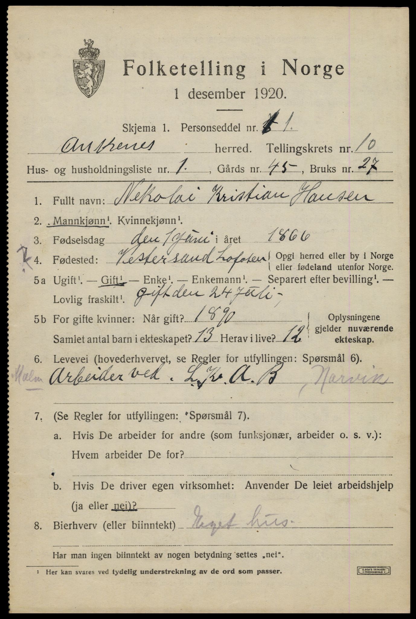 SAT, 1920 census for Ankenes, 1920, p. 4915