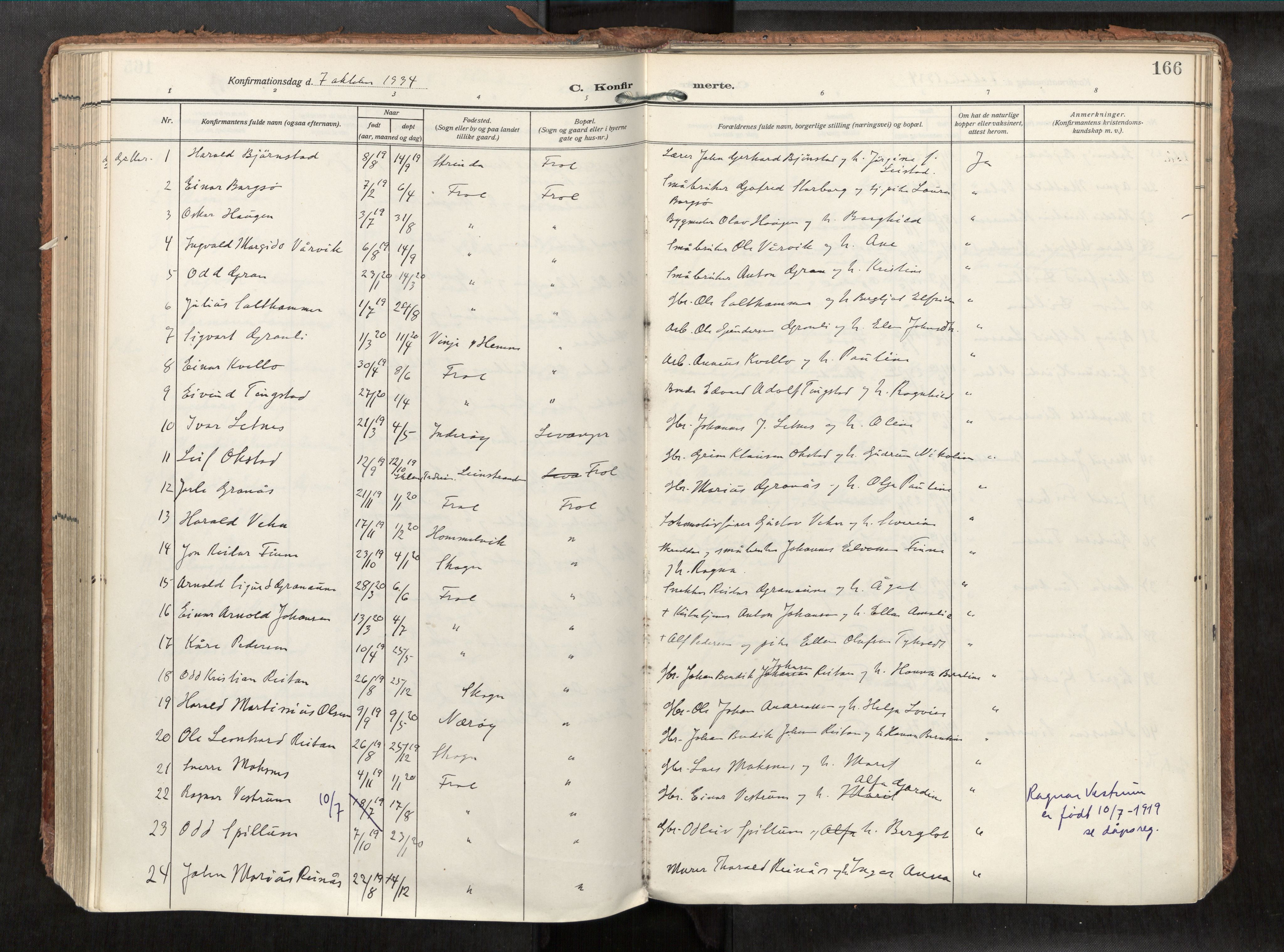 Levanger sokneprestkontor, SAT/A-1301/2/H/Haa/L0002: Parish register (official) no. 2, 1912-1935, p. 166