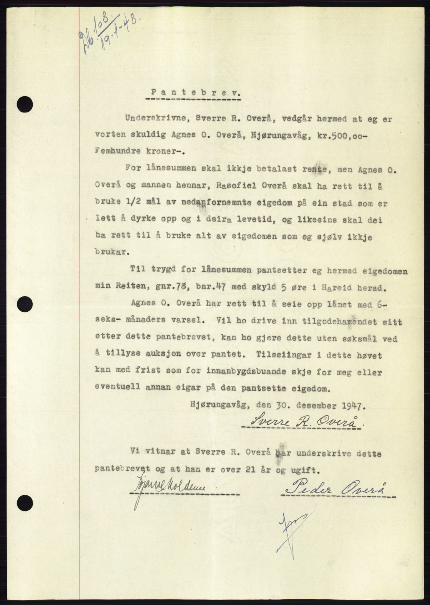 Søre Sunnmøre sorenskriveri, AV/SAT-A-4122/1/2/2C/L0115: Mortgage book no. 3B, 1947-1948, Diary no: : 108/1948