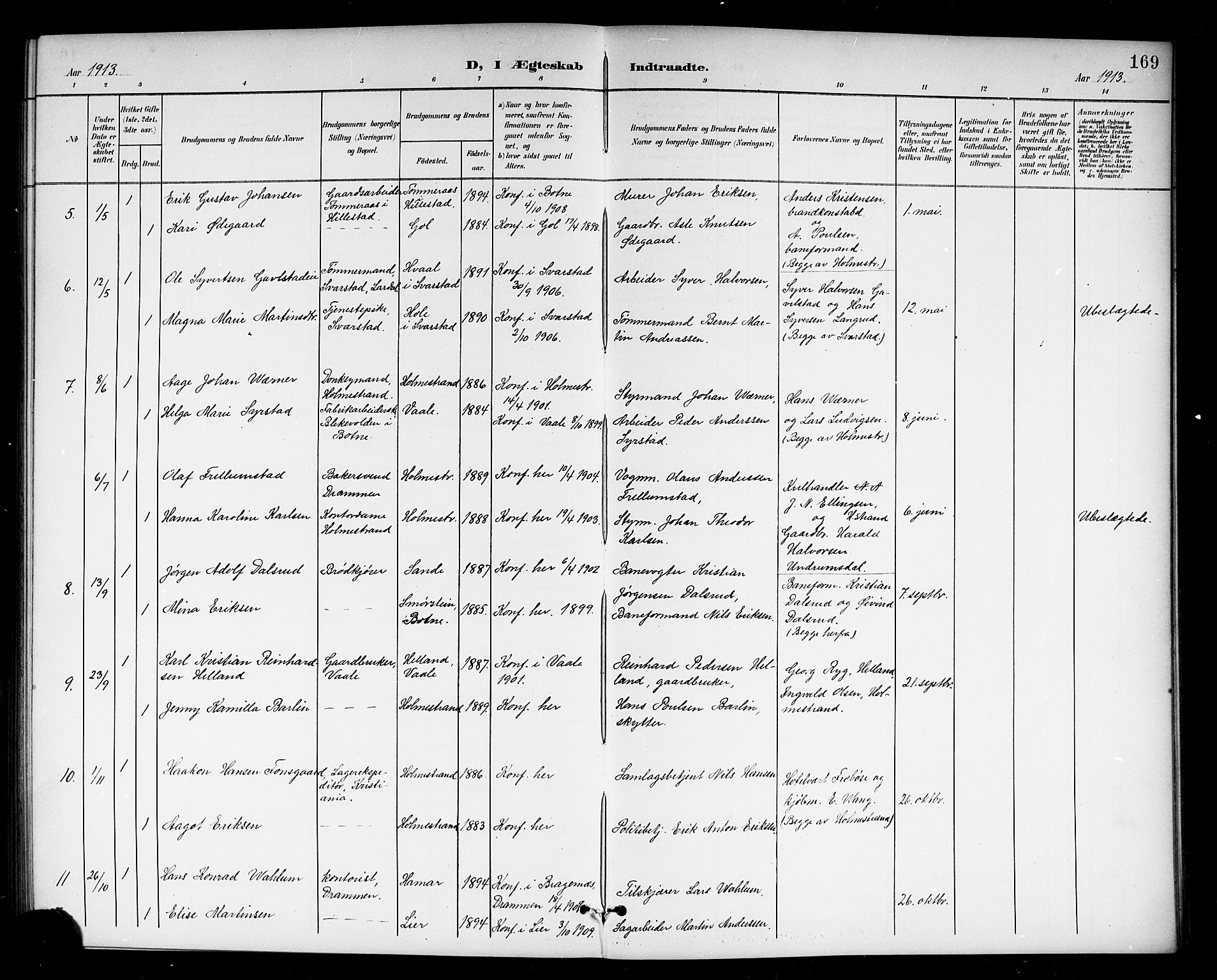 Holmestrand kirkebøker, AV/SAKO-A-346/G/Ga/L0006: Parish register (copy) no. 6, 1901-1923, p. 169