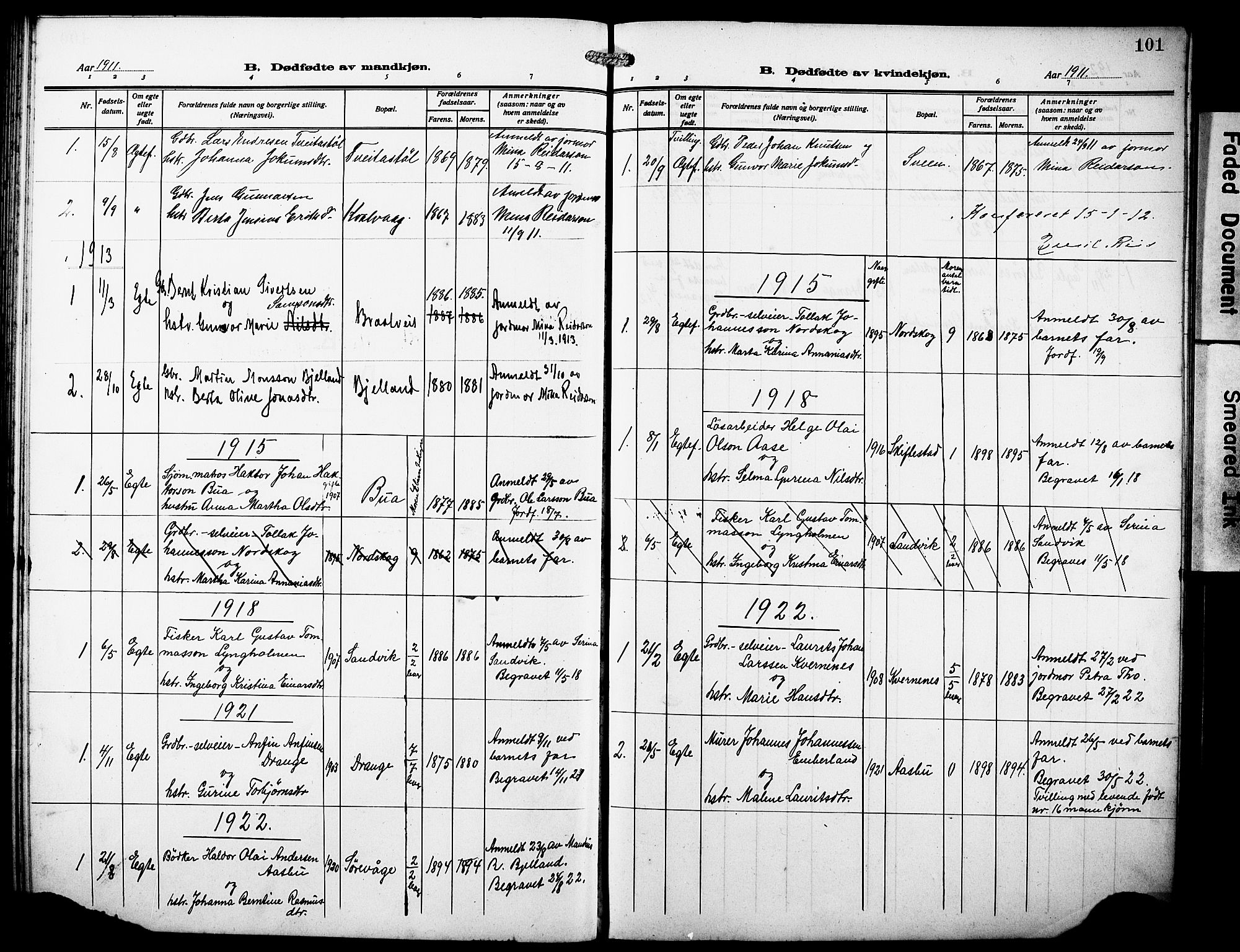 Sveio Sokneprestembete, AV/SAB-A-78501/H/Hab: Parish register (copy) no. A 5, 1911-1926, p. 101