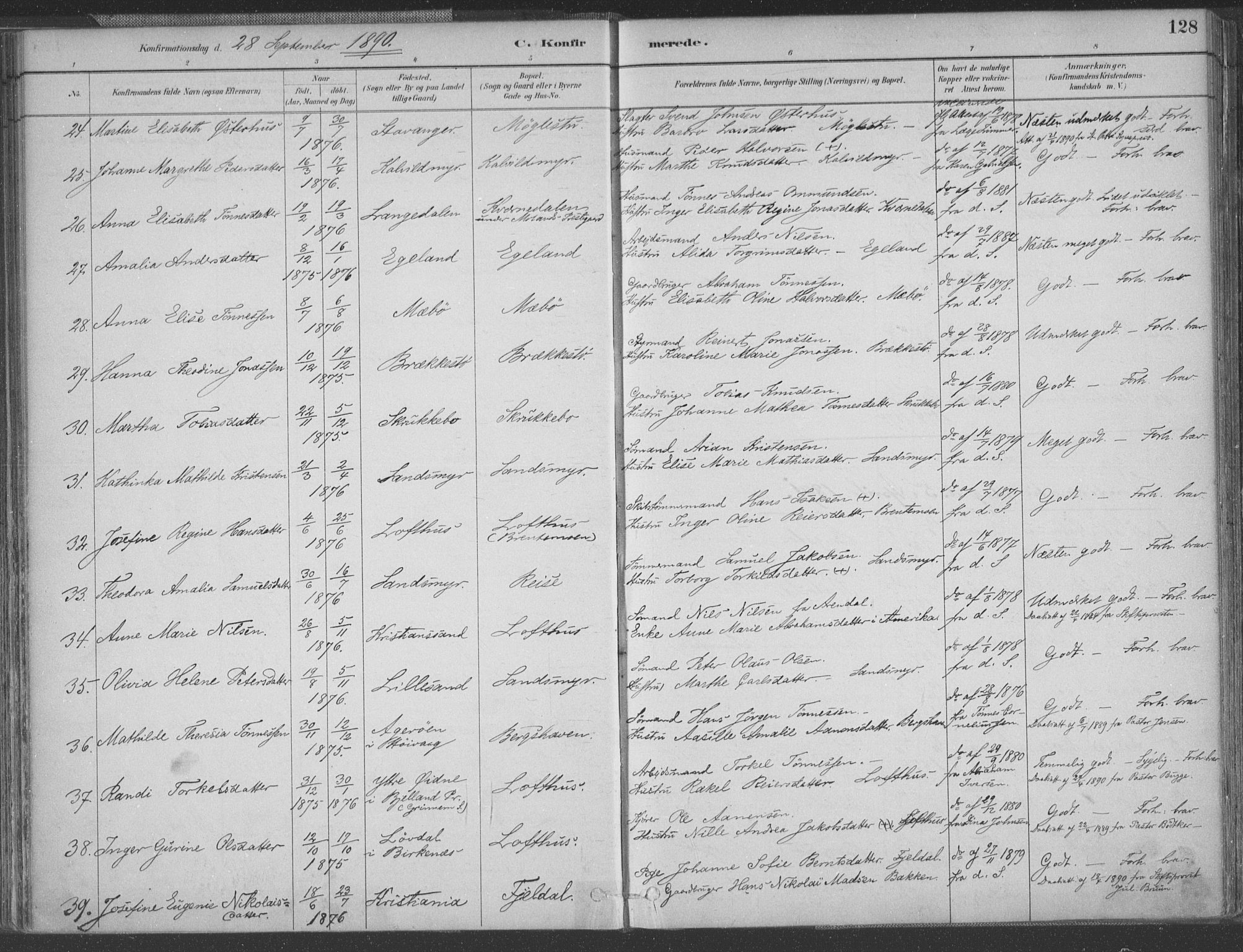 Vestre Moland sokneprestkontor, SAK/1111-0046/F/Fa/Fab/L0009: Parish register (official) no. A 9, 1884-1899, p. 128