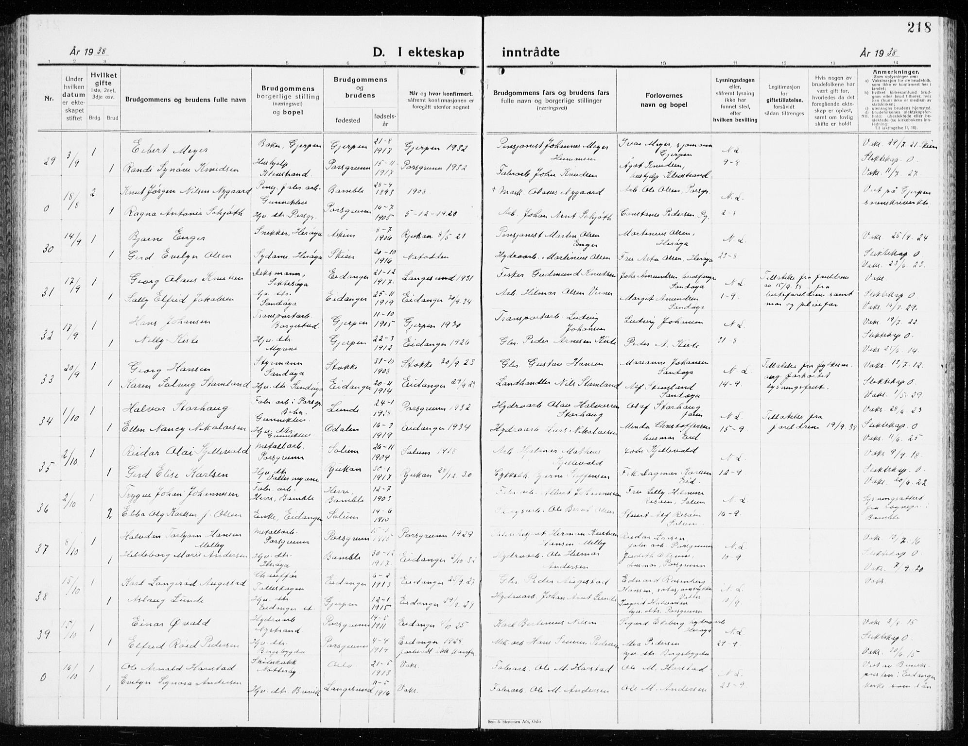 Eidanger kirkebøker, AV/SAKO-A-261/G/Ga/L0005: Parish register (copy) no. 5, 1928-1942, p. 218