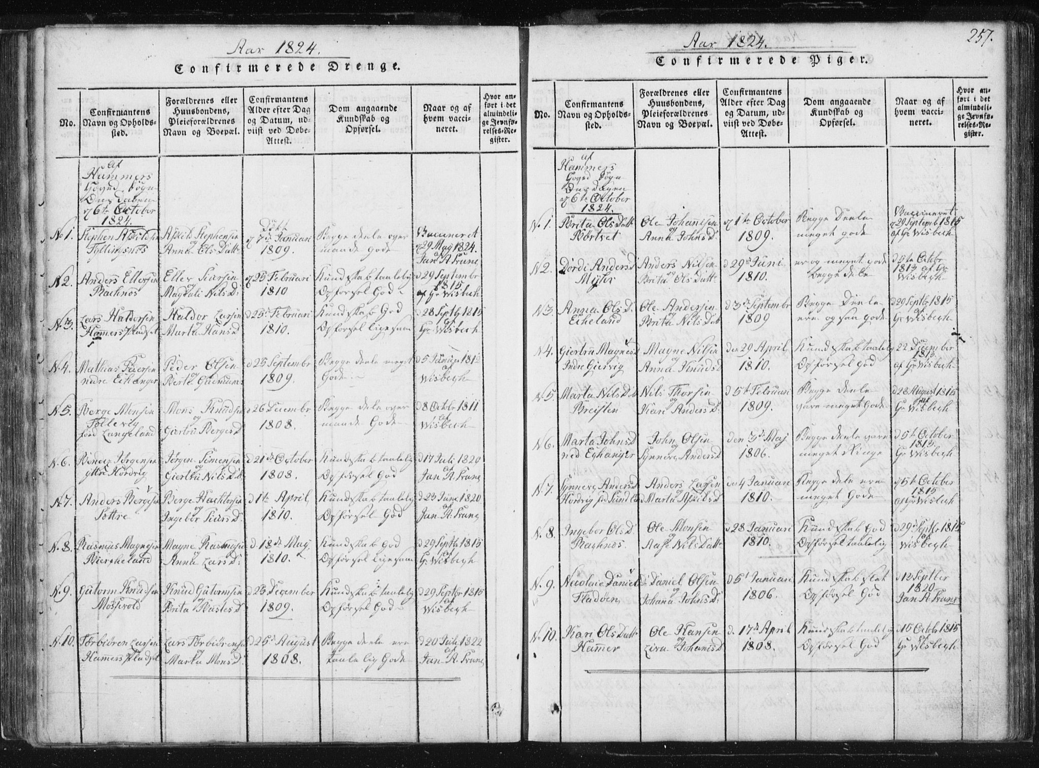 Hamre sokneprestembete, SAB/A-75501/H/Ha/Haa/Haaa/L0010: Parish register (official) no. A 10, 1816-1826, p. 257