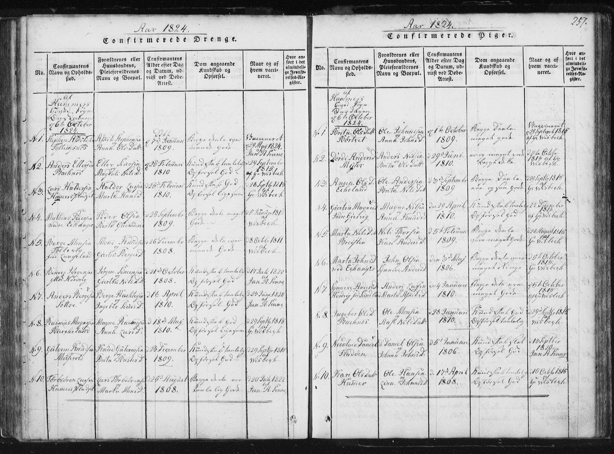 Hamre sokneprestembete, AV/SAB-A-75501/H/Ha/Haa/Haaa/L0010: Parish register (official) no. A 10, 1816-1826, p. 257