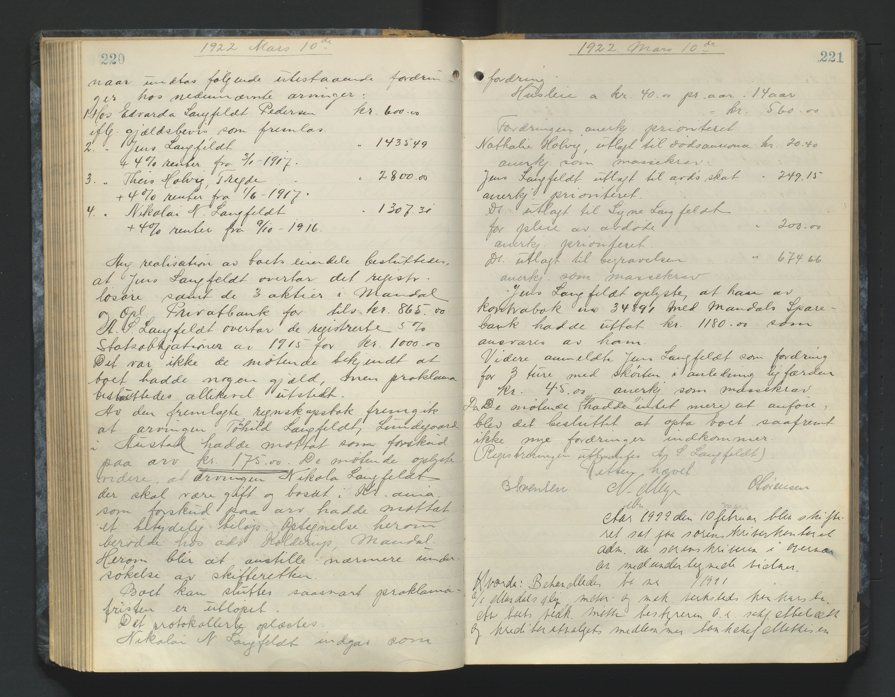 Mandal sorenskriveri, AV/SAK-1221-0005/001/H/Hc/L0084: Skifteforhandlingsprotokoll nr 16, 1921-1924, p. 220-221