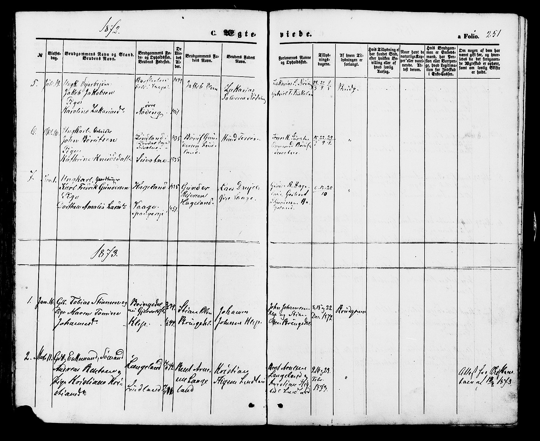 Holum sokneprestkontor, SAK/1111-0022/F/Fb/Fba/L0004: Parish register (copy) no. B 4, 1867-1890, p. 251