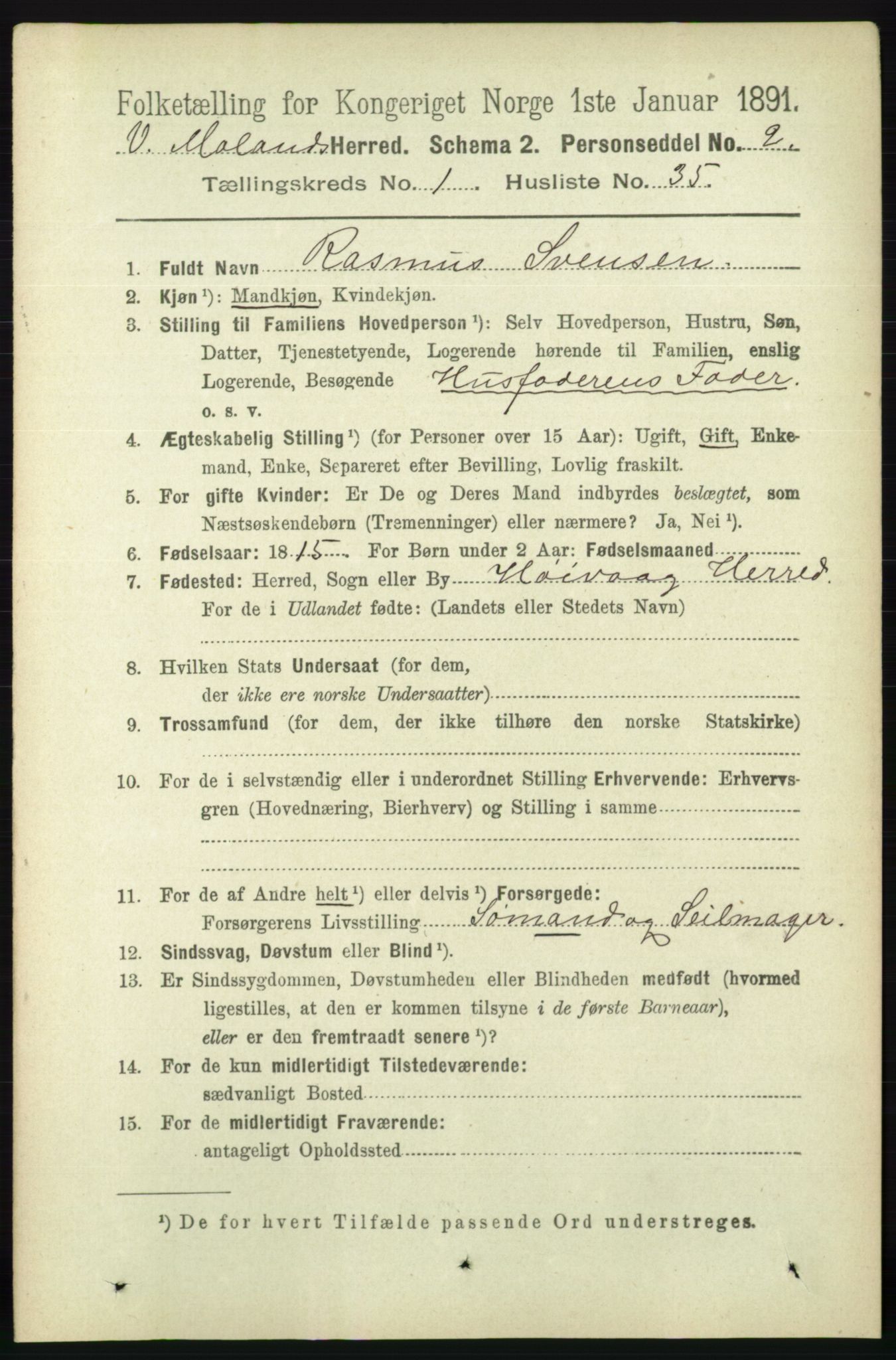 RA, 1891 census for 0926 Vestre Moland, 1891, p. 310