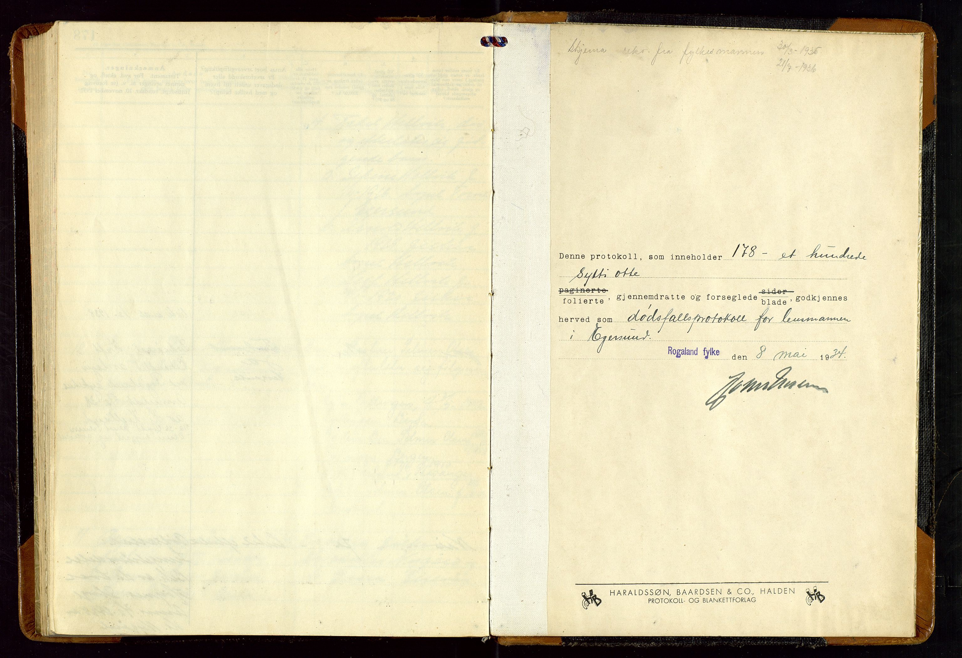 Eigersund lensmannskontor, SAST/A-100171/Gga/L0013: "Protokoll over anmeldte dødsfall" m/alfabetisk navneregister, 1934-1938