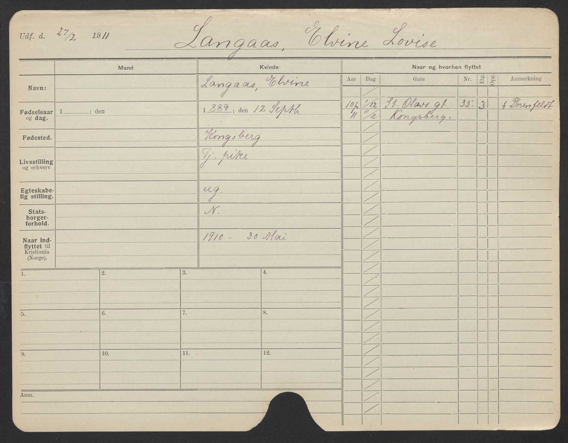 Oslo folkeregister, Registerkort, AV/SAO-A-11715/F/Fa/Fac/L0019: Kvinner, 1906-1914, p. 734a