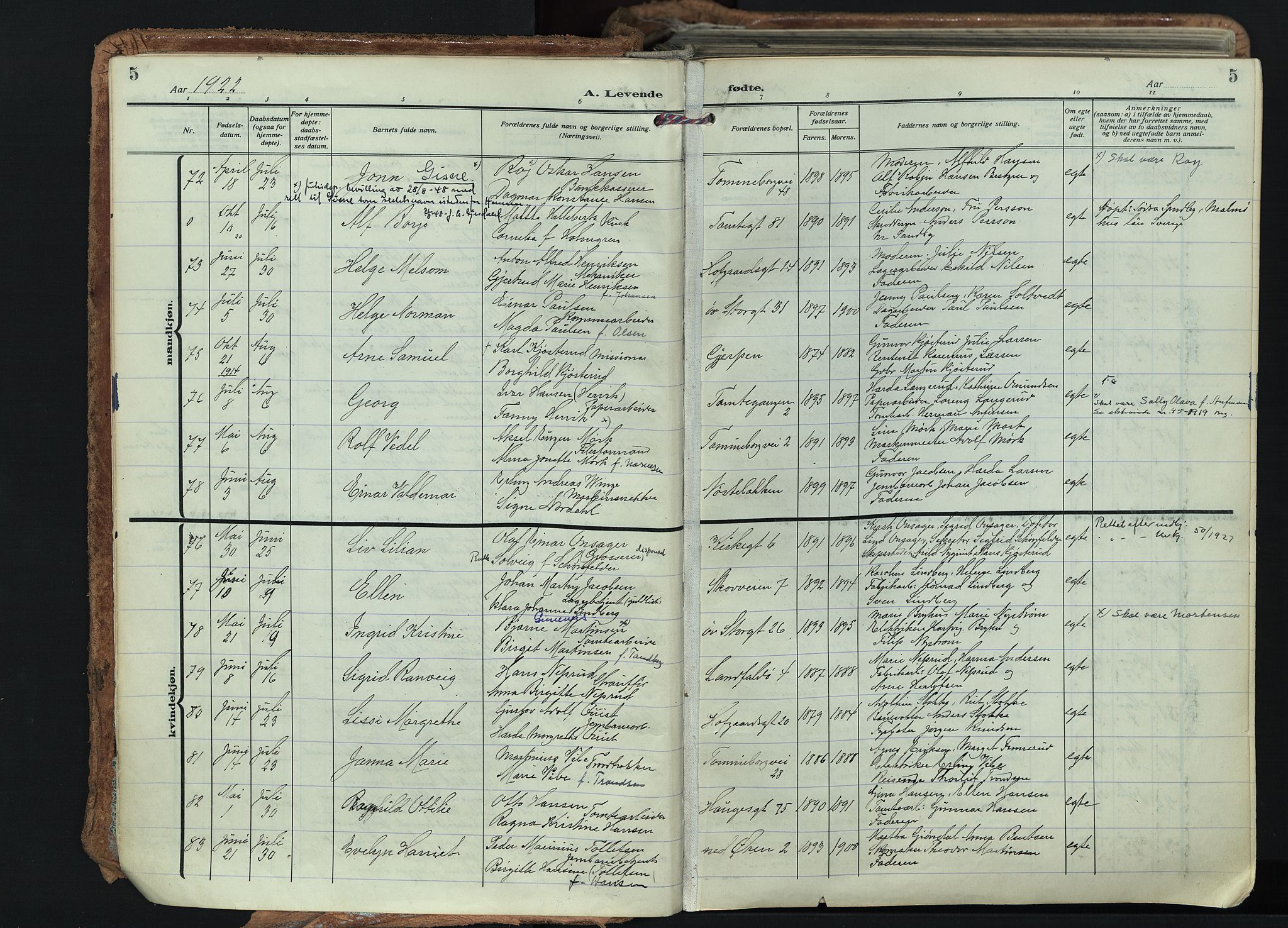 Bragernes kirkebøker, SAKO/A-6/F/Fb/L0011: Parish register (official) no. II 11, 1922-1945, p. 5