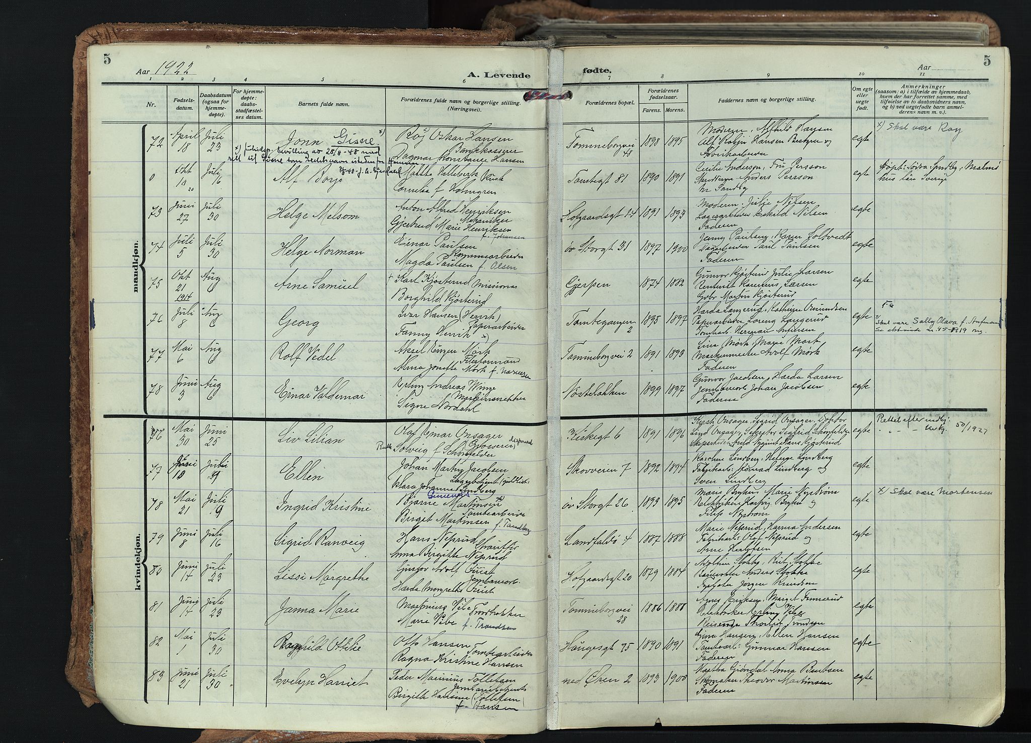 Bragernes kirkebøker, AV/SAKO-A-6/F/Fb/L0011: Parish register (official) no. II 11, 1922-1945, p. 5